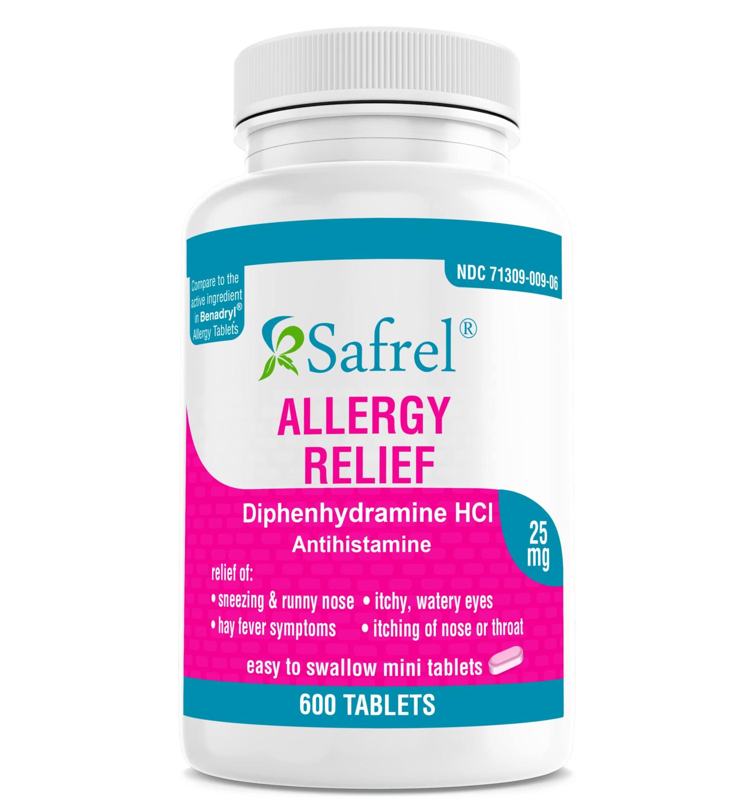 Safrel Allergy Relief Medicine - Diphenhydramine HCl 25mg | Compare to Benadryl | 600 Minitabs for Seasonal & Indoor/Outdoor Allergies - Buy Online on GoSupps.com