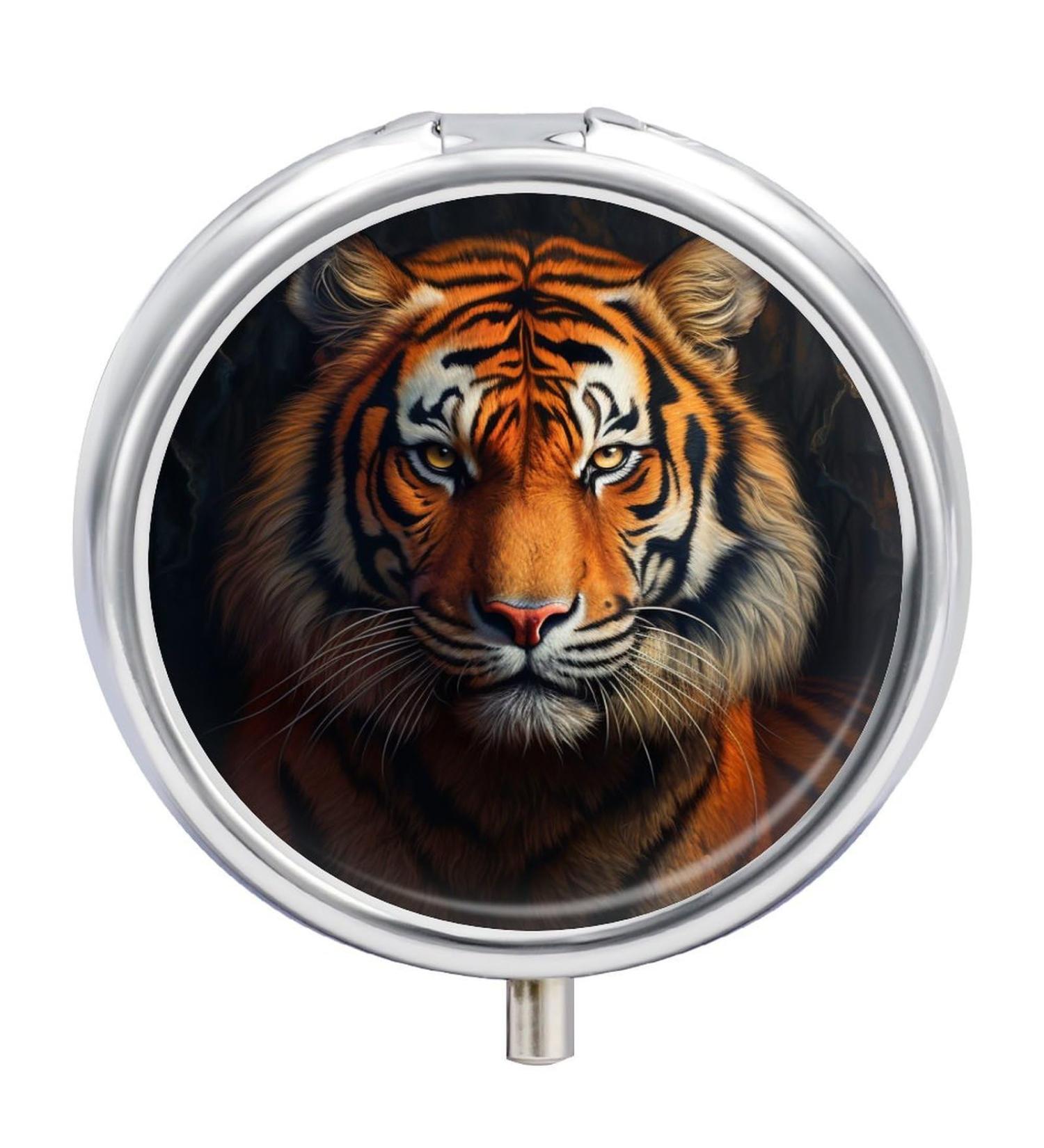 Small Travel Pill Case Round Metal Pill Box for Pocket Purse 3 Compartment Portable Pill Holder Mini Pill Organizer for Travel or Daily - Tiger Tiger 5 - Buy Online on GoSupps.com