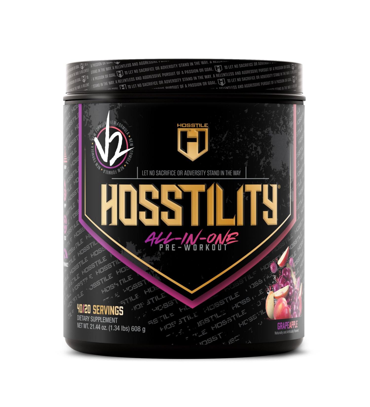 HOSSTILE Hosstility V2 Pre-Workout Powder, All-in-One Pre-Workout Supplement for Energy, Focus & Pump Support, Grape Apple, 40/20 Servings - Buy Online on GoSupps.com