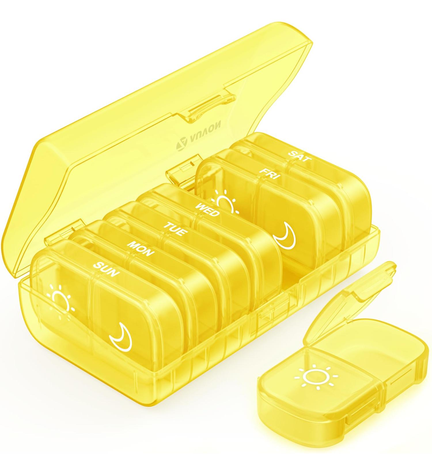 AUVON XL Weekly Pill Organizer - 7 Day AM PM Pill Box | Easy Filling Travel Case for Medications Vitamins & Supplements - D-light Yellow - Buy Online on GoSupps.com