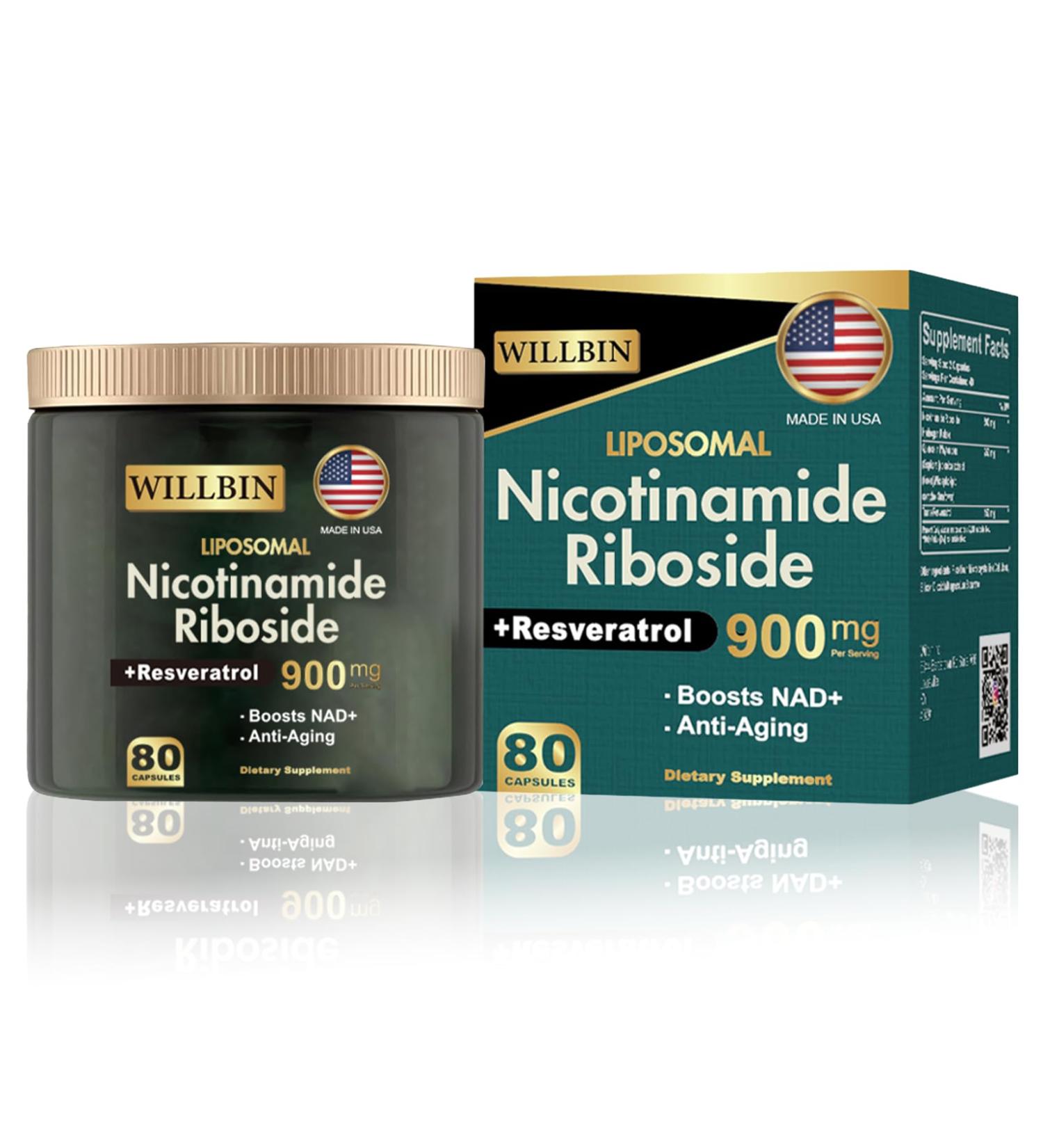 Willbin Liposomal NAD+ Supplement Nicotinamide Riboside with Resveratrol NAD Nicotinamide Riboside Boost Energy Focus Anti-Aging for Women & Men - 80 Vegan Capsules - Buy Online on GoSupps.com