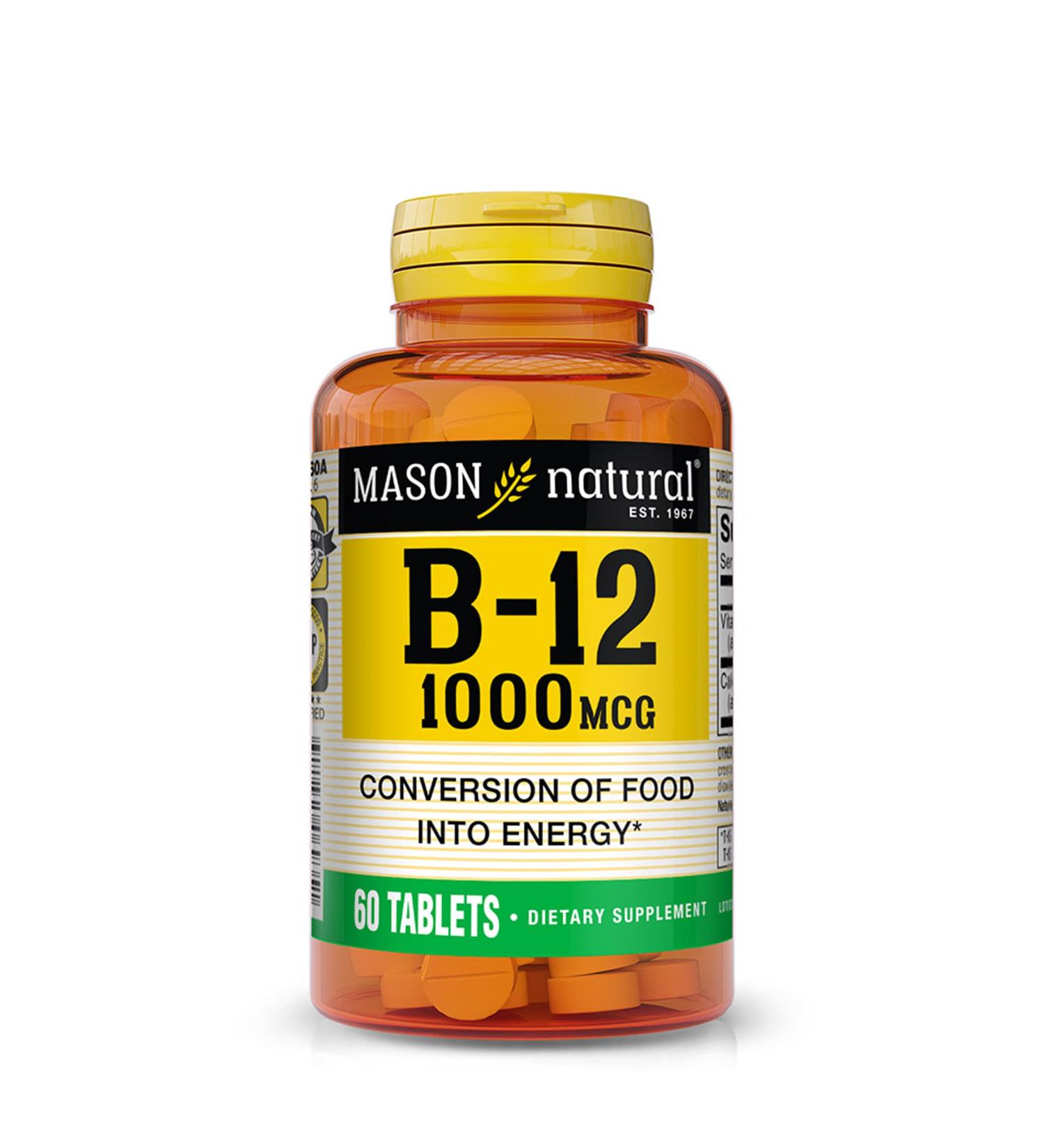 MASON NATURAL Vitamin B12 1000 mcg with Calcium - Healthy Conversion of Food into Energy Supports Nerve Function and Health 60 Tablets - Buy Online on GoSupps.com