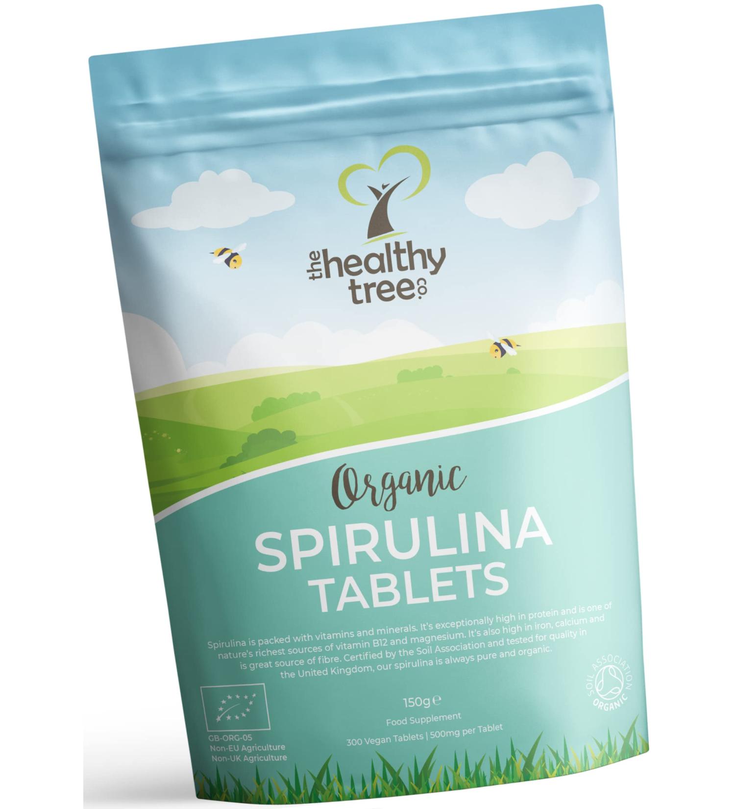 Organic Spirulina Tablets by TheHealthyTree Company - Vegan High in Vitamin B12 Protein Magnesium Iron and Calcium - UK Certified Pure Spirulina 300 x 500mg (150g) - Buy Online on GoSupps.com