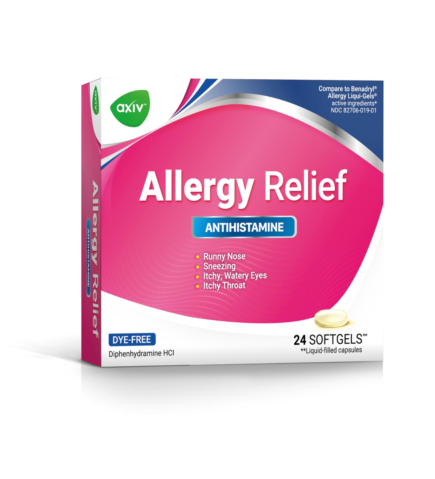 AXIV Allergy Relief Softgels - Antihistamine Cold Symptom Relief Dye-Free Liquid Gels 25mg Diphenhydramine HCl 24 Count - Buy Online on GoSupps.com
