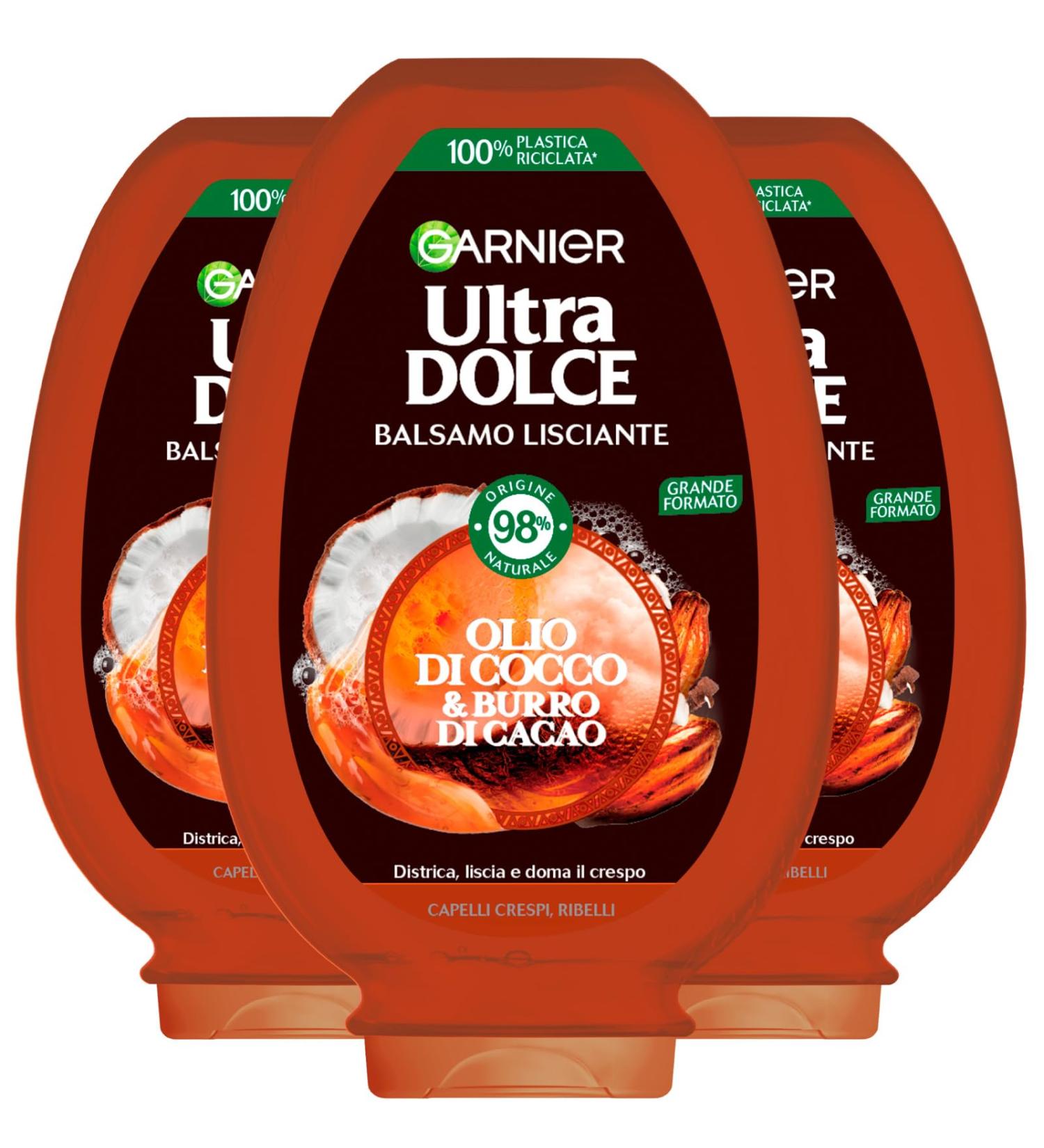 Garnier Garnier Ultra Doux Smoothing Balm for Crepes and Rebels Hair Coconut Oil and Cocoa Butter Detangling Anti-Crepe with 98% Natural Ingredients - 3 x 360ml Bottles