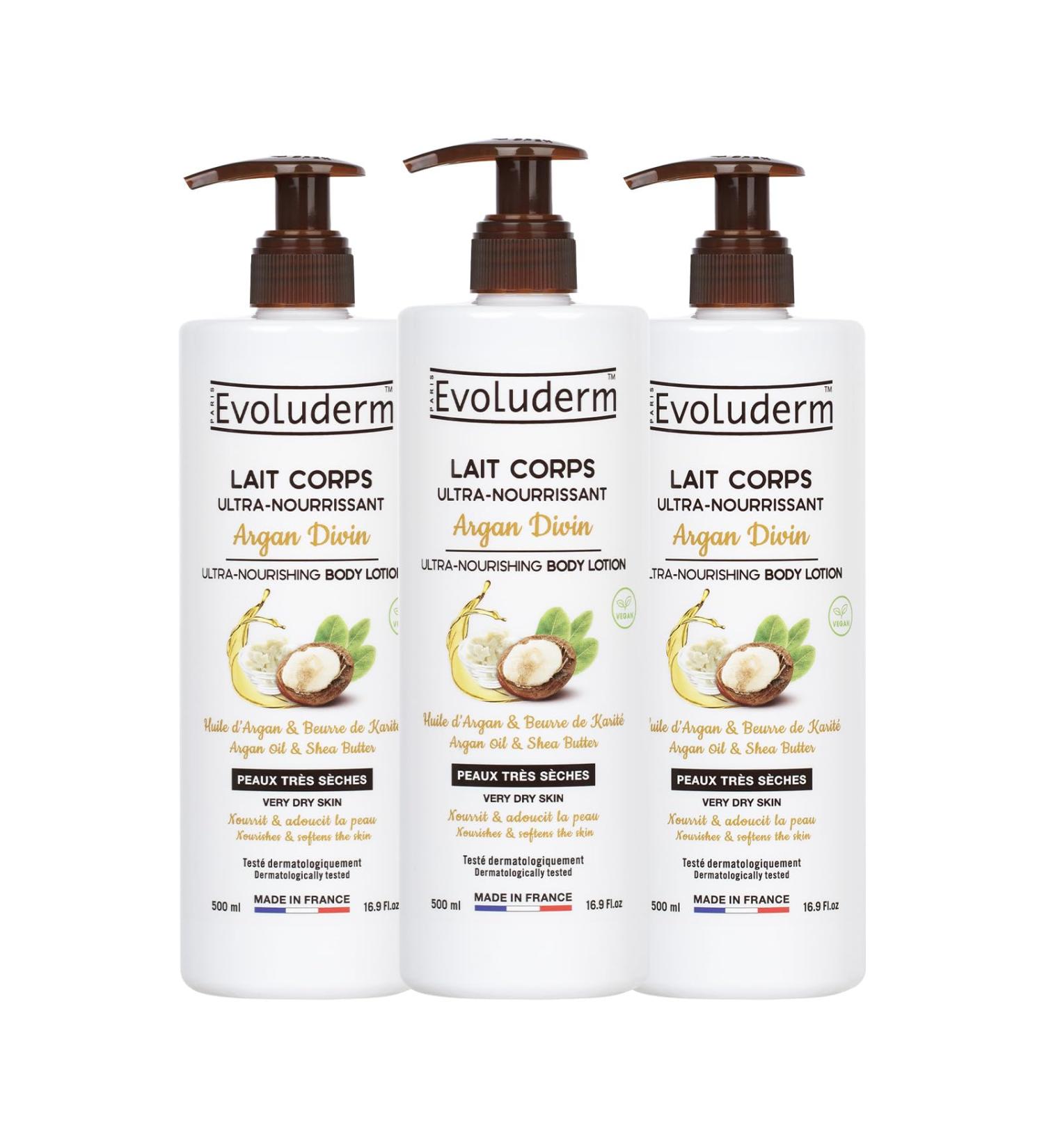 EVOLUDERM - Ultra-Nourishing Body Lotion Divine Argan - 500ml - Natural Ingredients - Vegan - Made in France - Pack of 3 x 500ml - Buy Online on GoSupps.com