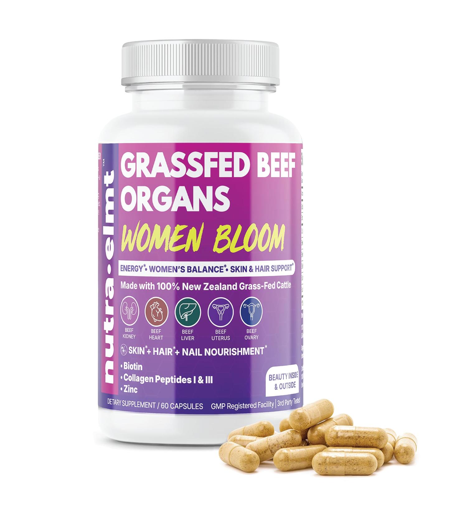 NUTRA ELMT Grass-Fed Beef Organs for Women Beef Liver, Heart, Kidney, Ovary & Uterus Beef Organ Supplement with Biotin, Collagen & Zinc Skin Hair Nail Support 60 Capsules - Buy Online on GoSupps.com