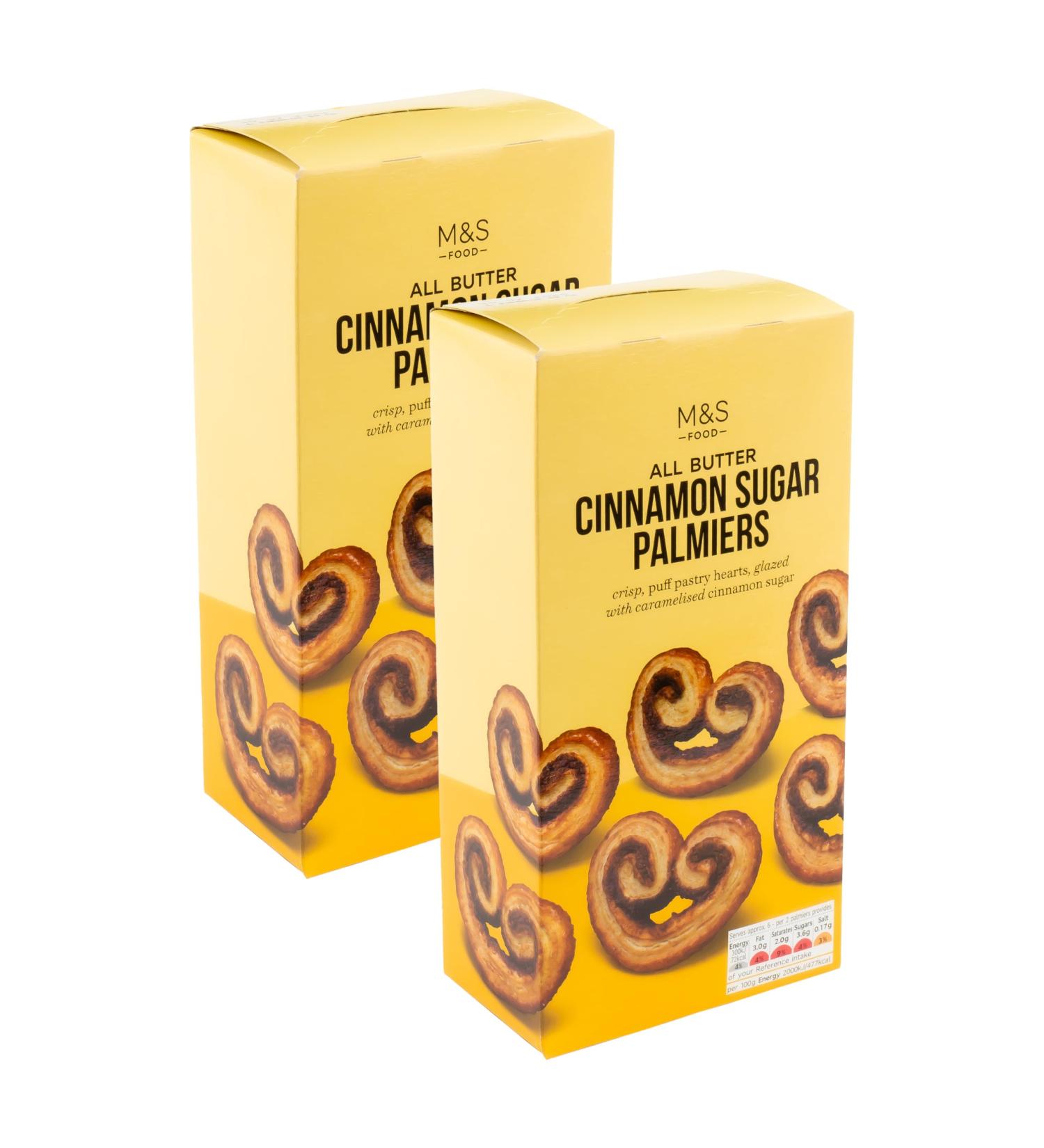 M&S All Butter Cinnamon Sugar Palmiers Crisp Puff Pastry Glazed Heart Shapes with Caramelised Cinnamon Sugar - 2 x 100g - Buy Online on GoSupps.com