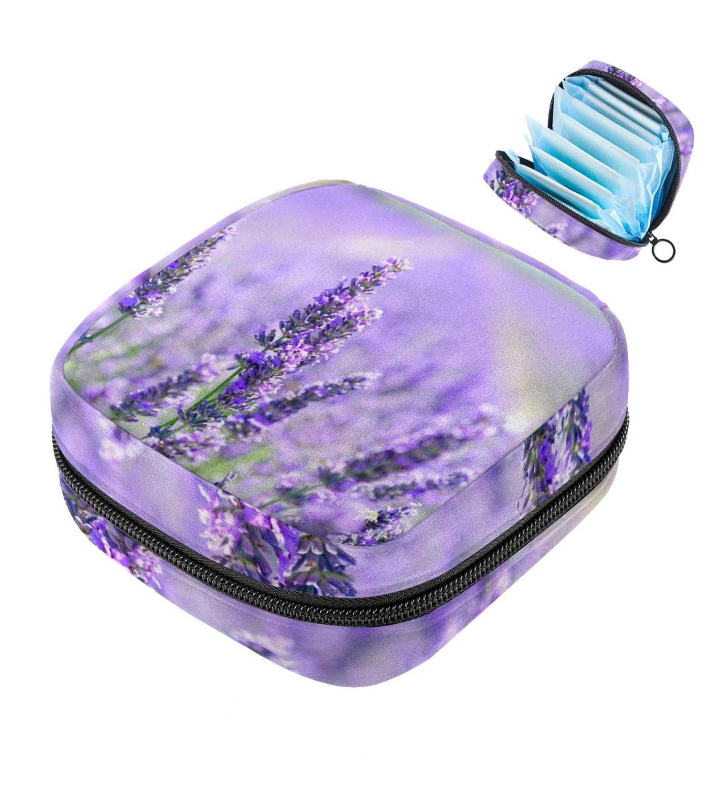 Menstrual Pad Bag with Zipper - Purple Lavender Flower Napkin Pouch for Women & Girls | Stylish & Functional Tampon Collection Bag - Buy Online on GoSupps.com