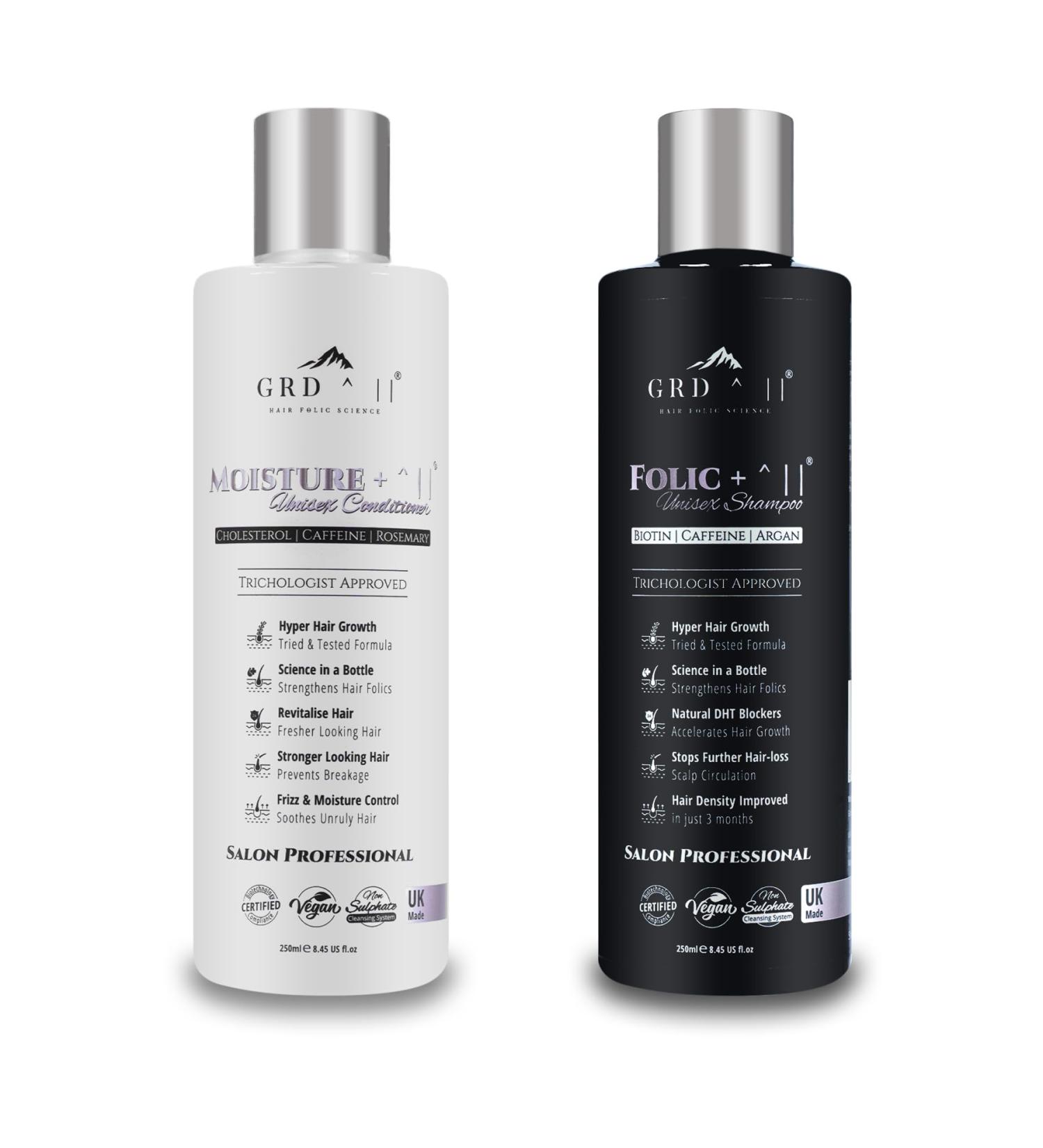 Hair Growth Shampoo & Conditioner by GRD Hair UK Biotin Argan Oil Allantoin Rosemary Niacinamide Lupin. Male & Female Hair Loss Products. Folic + : Moisture +. - Buy Online on GoSupps.com