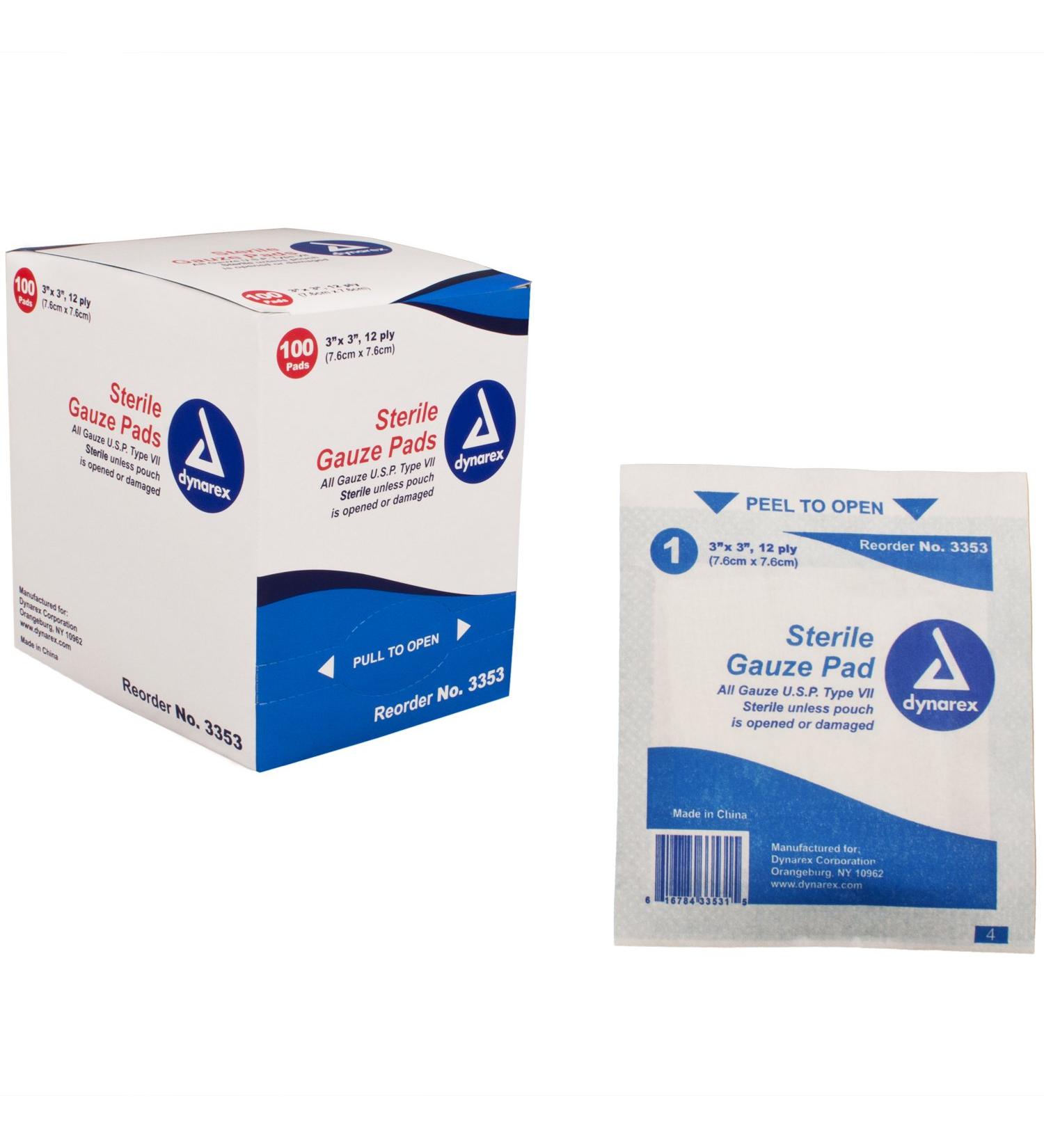 Dynarex Sterile Gauze Pads 3"x3". Box of 100.