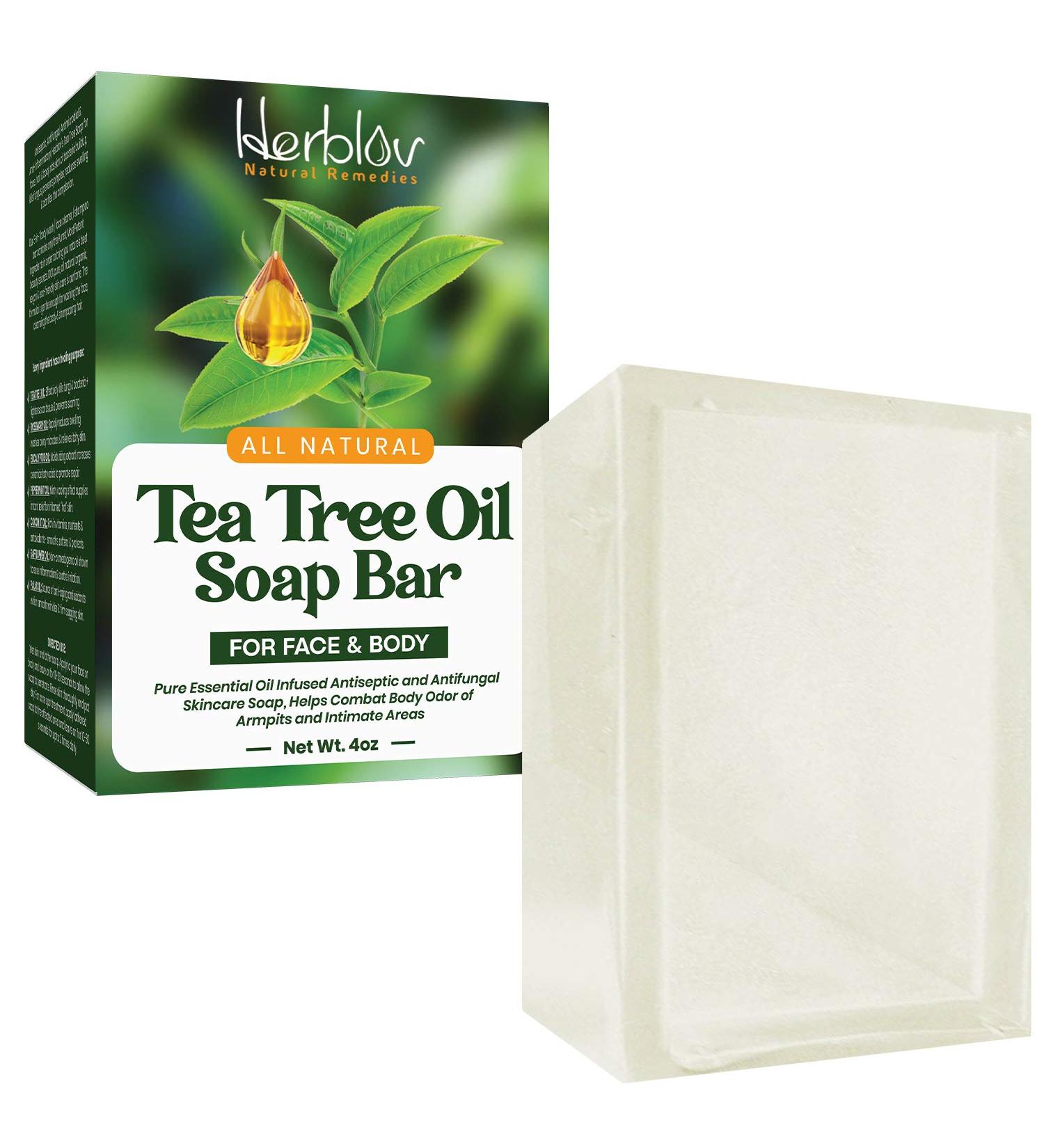 Tea Tree Oil Soap Bar 4oz - Antifungal Antiseptic Remedy for Face & Body | Pure Essential Oil Infused Skincare Cleanser for Acne, Ringworm & Fungus - Buy Online on GoSupps.com