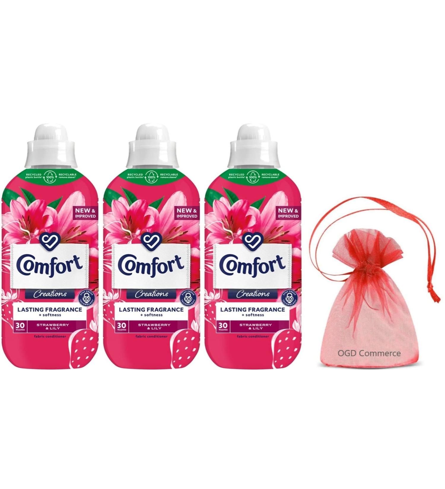 Comfort Creations Fabric Conditioner 30washes 900ml with Stay Fresh Technology Strawberry & Lily Scent 3Pk + Our Gift for You: Organza Small Bag Size: 9x7x0.1cm - Buy Online on GoSupps.com