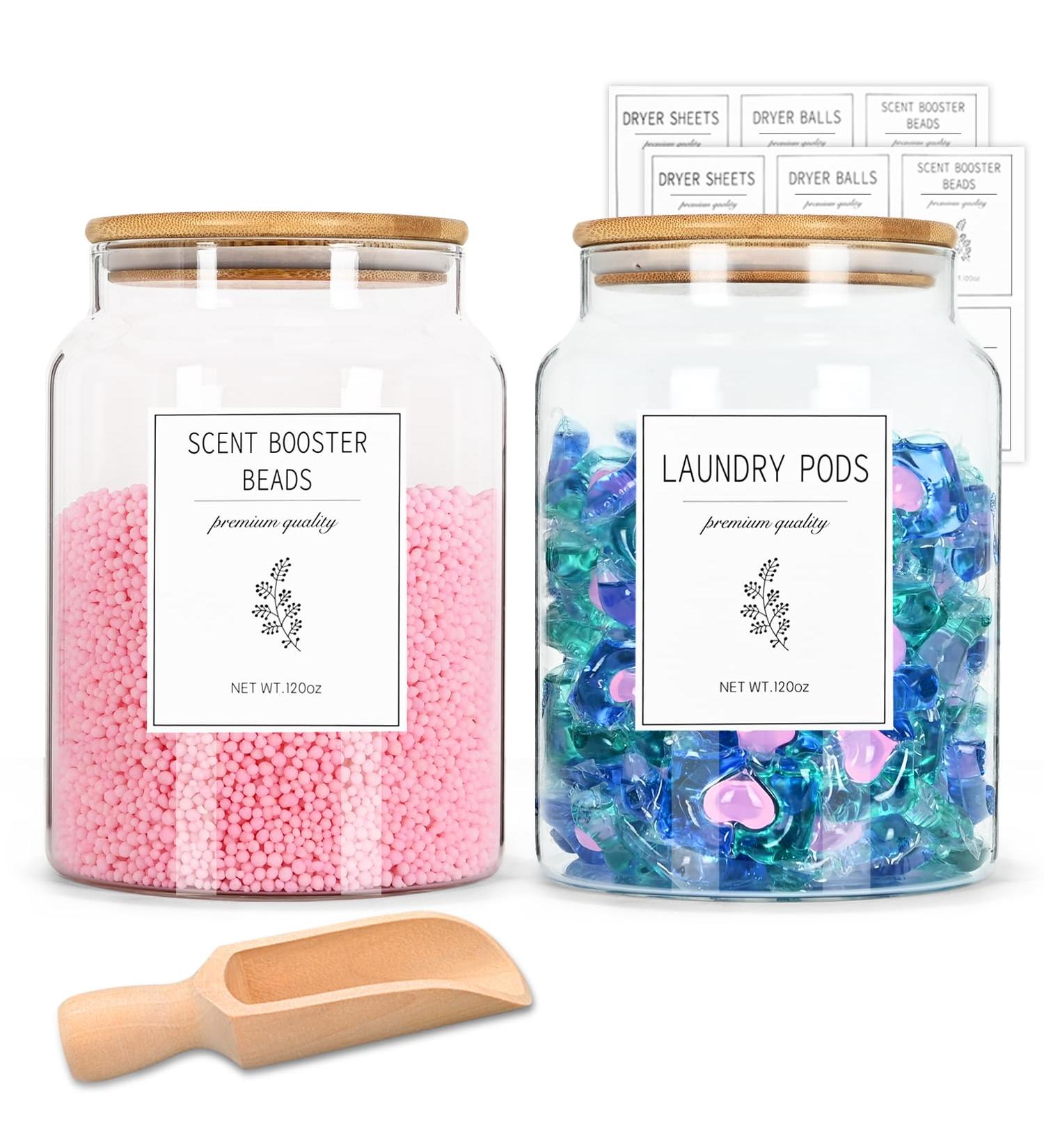 Laundry Pods Container with 1 Scoop & 12 Labels for Laundry Room Organization 2 Pack 120OZ Glass Laundry Containers for Laundry Detergent Pods Powder Dryer balls Scent Boosters - Buy Online on GoSupps.com