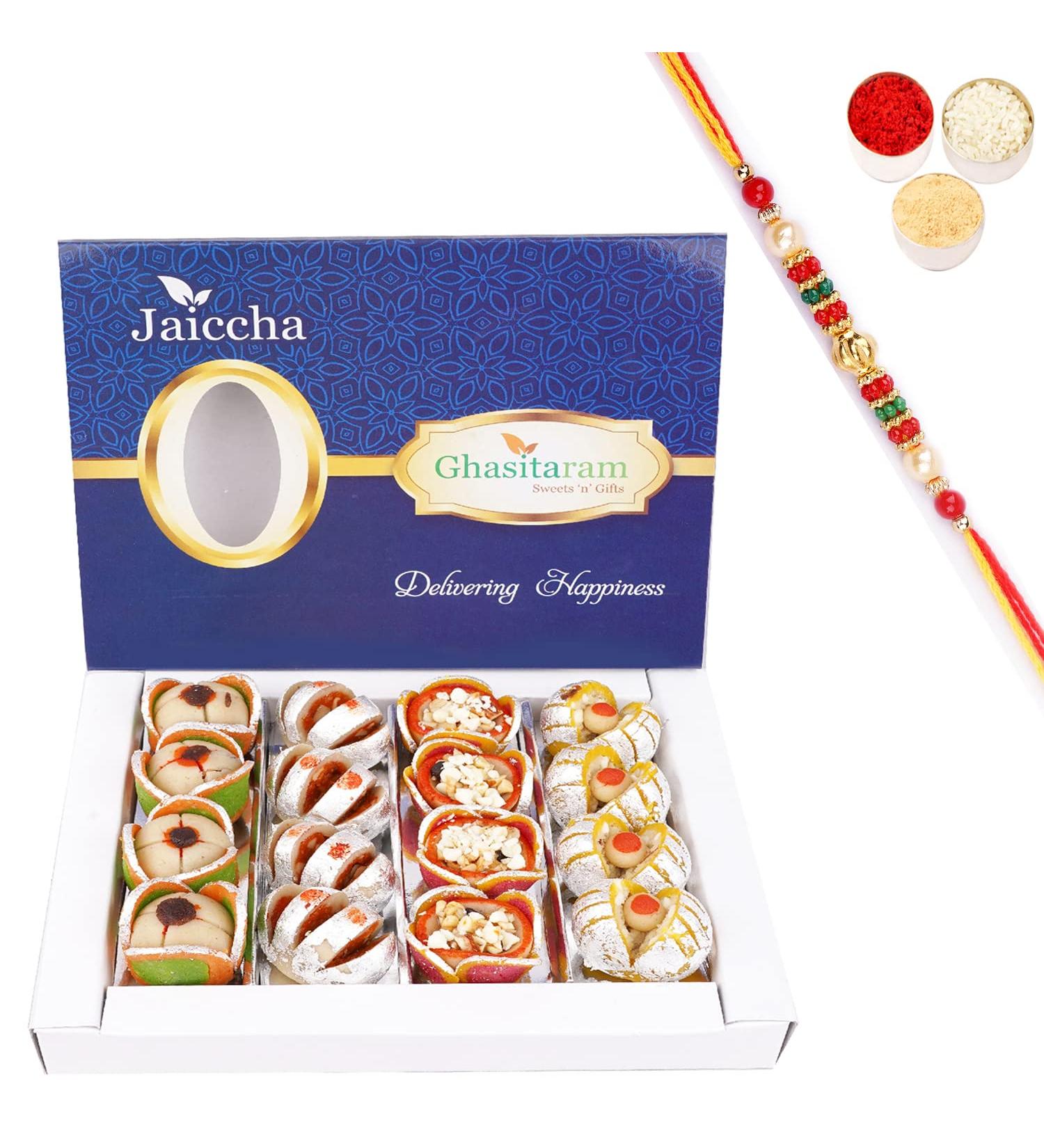 Jaiccha Ghasitaram Rakhi Gifts for Brothers Dryfruit Special Fancy Sweets 400 GMS with Beads Rakhi - Buy Online on GoSupps.com