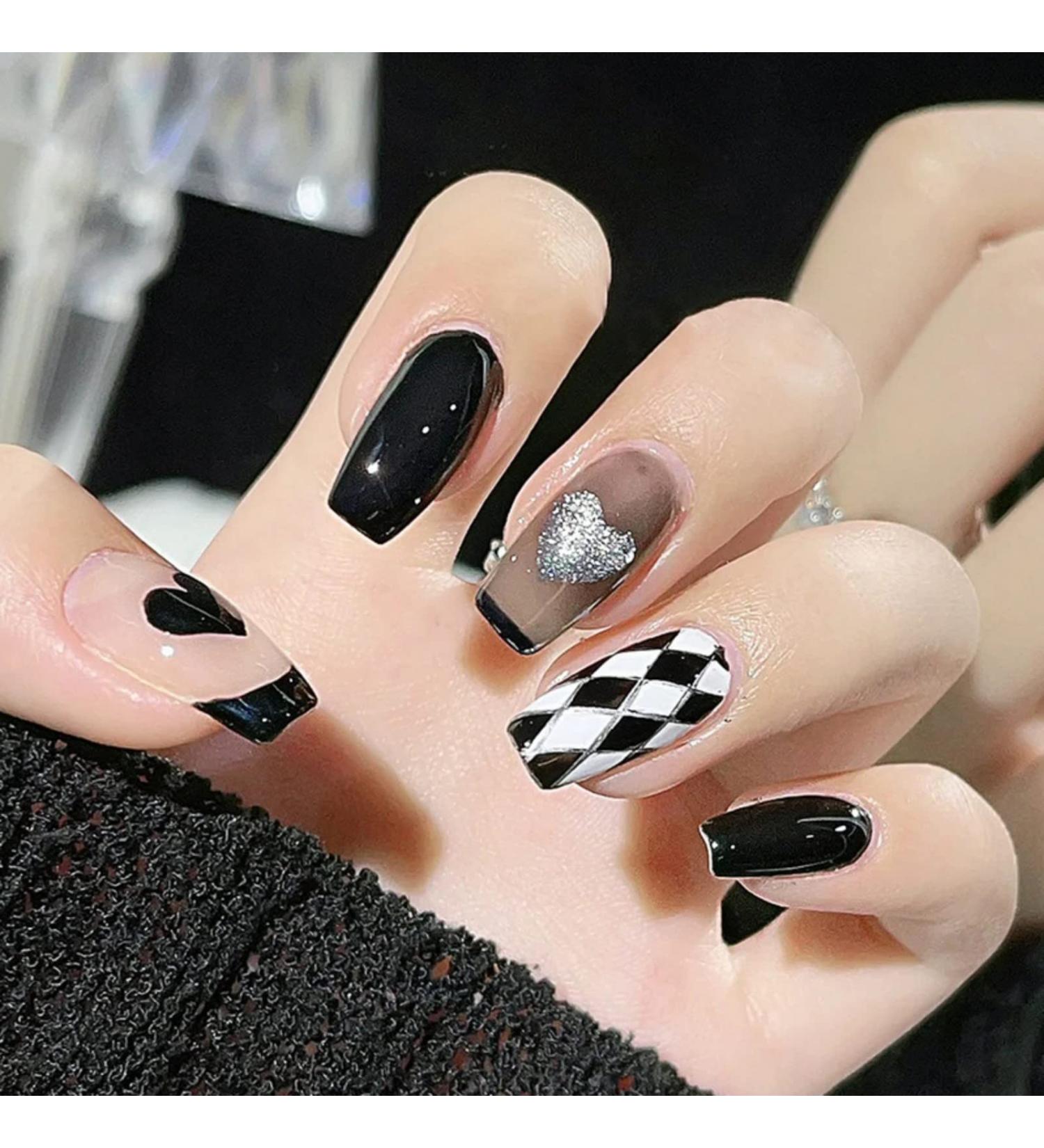 Justotry 24 Pcs Heart Fake Nails - Long Black French Press on Nails for Women | Pretty Ballerina Stick on Nails | Acrylic Coffin False Nails Medium with Glue for Nail Art - Buy Online on GoSupps.com