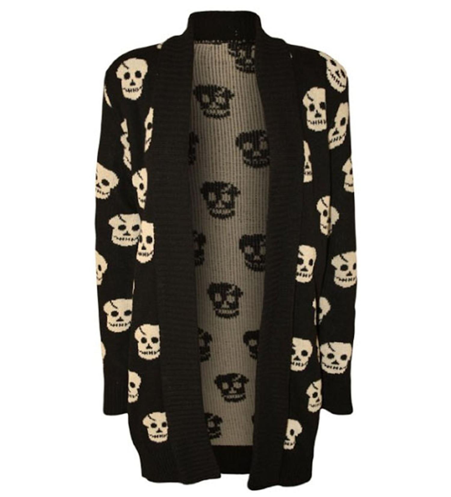 Fast Fashion Ladies Long Sleeves open Cardigan Skull Owl Front and above 16 Sch del Schwarz