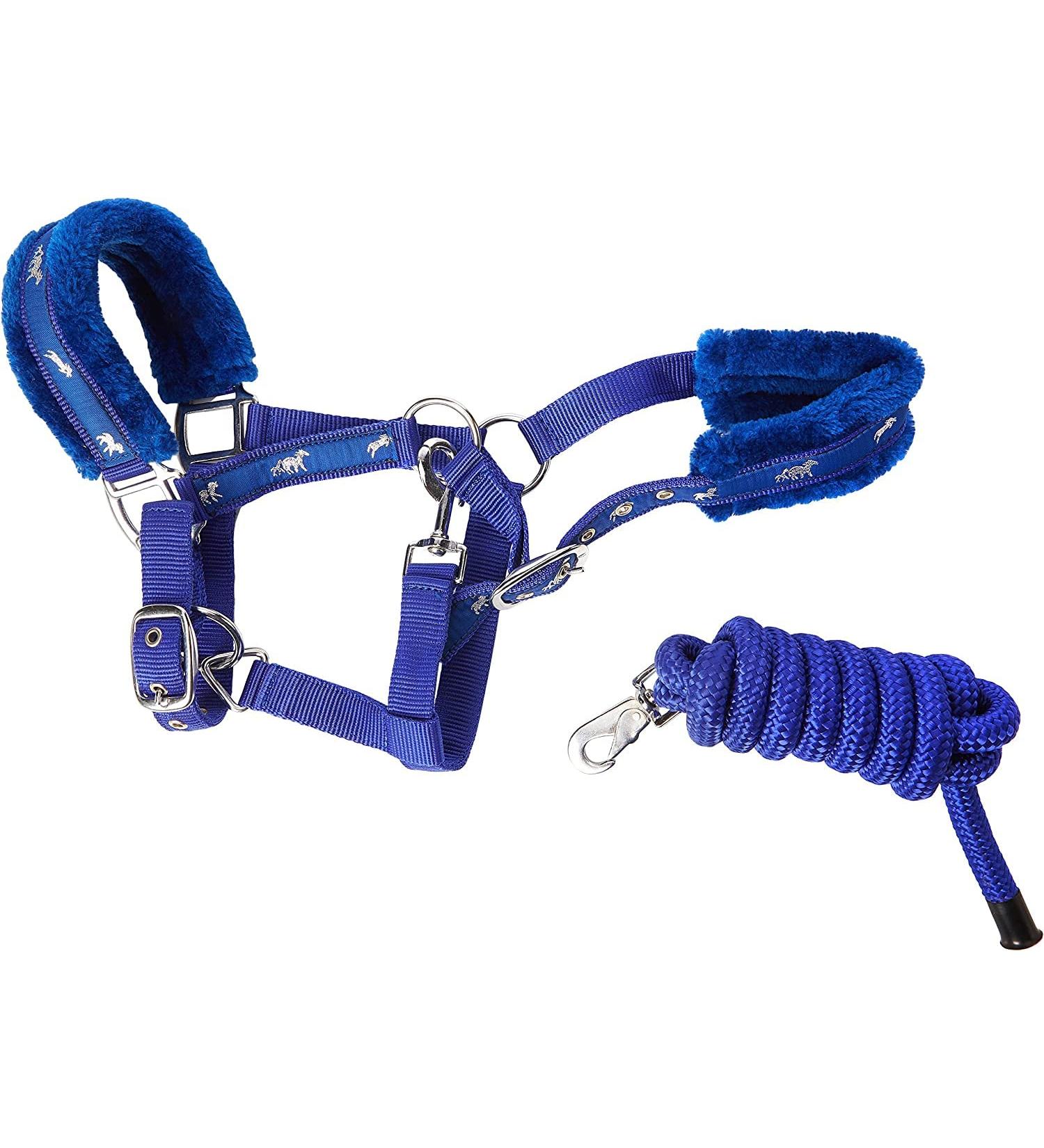 Equine NEW Horse print fur padded headcollars halter + matching lead ROYAL BLUE (COB)