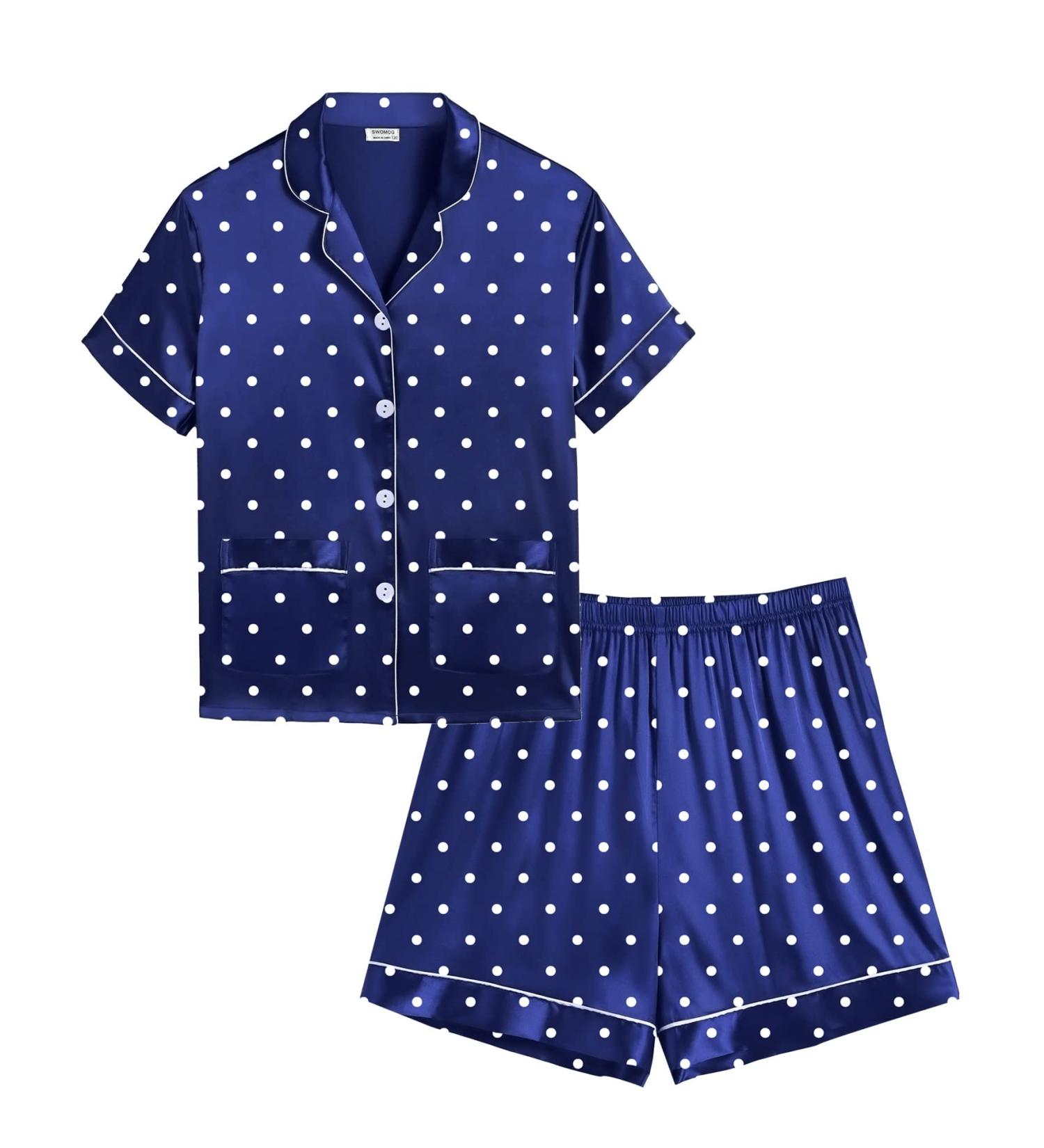 SWOMOG Kids Satin Pyjamas Set | Short Sleeve Silk Nightwear | 2 Piece Lounge Set | 4-5 Years | Navy Blue Dot - Buy Online on GoSupps.com