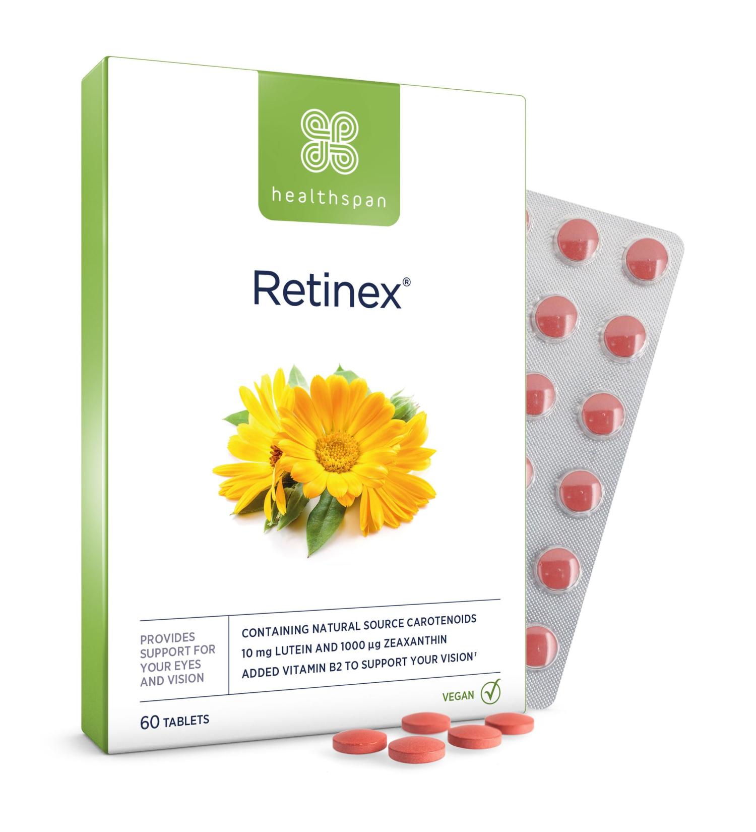 Healthspan Retinex 10mg | 60 Tablets | Natural Lutein & Zeaxanthin | Vitamin B2 | Vegan - Buy Online on GoSupps.com