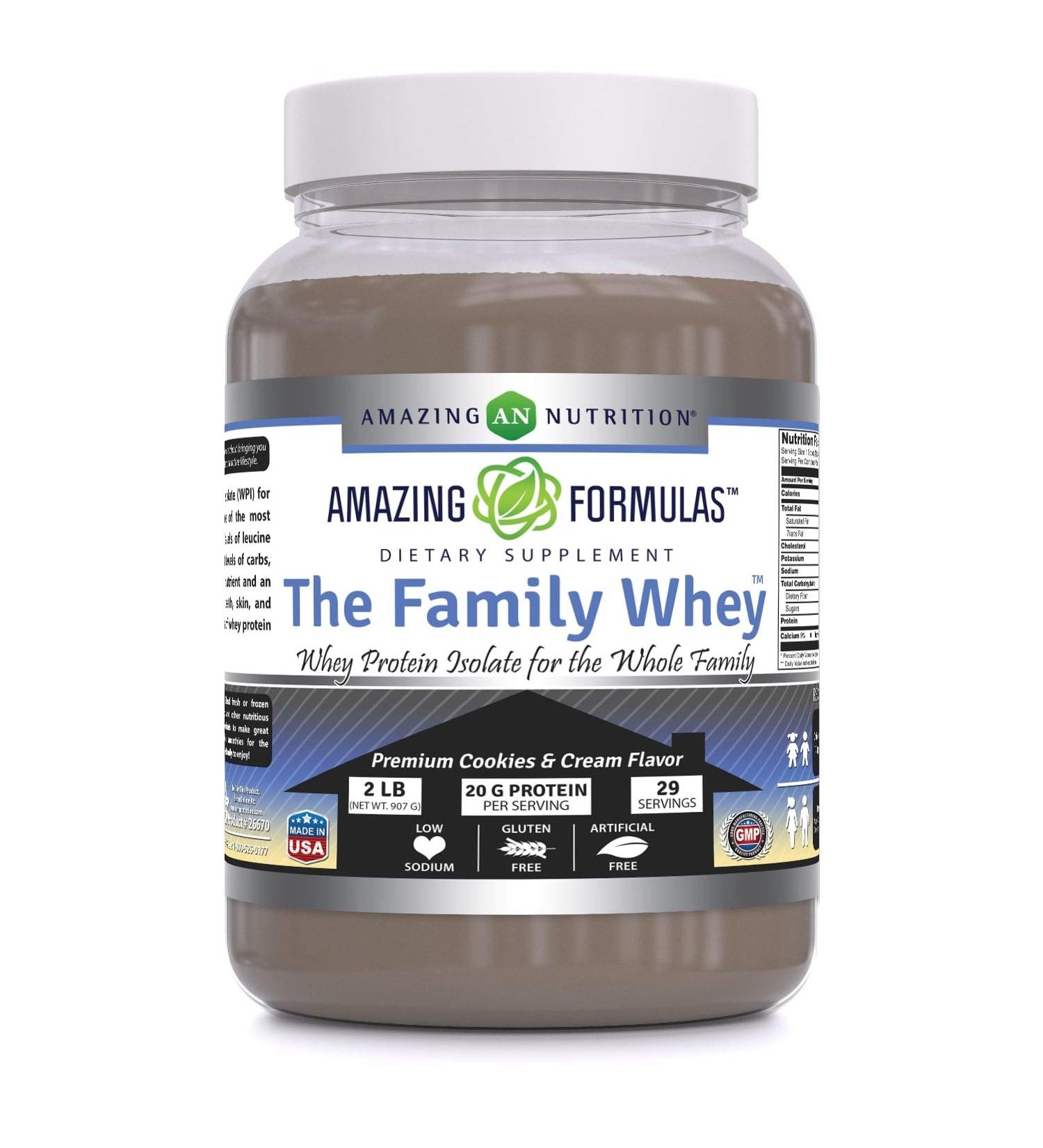 Amazing Formulas The Family Whey Protein (Isolate) Powder for The Whole Family - 2 lbs - Most Complete & Purest Form of Protein - Gluten Free (Cookie & Cream)