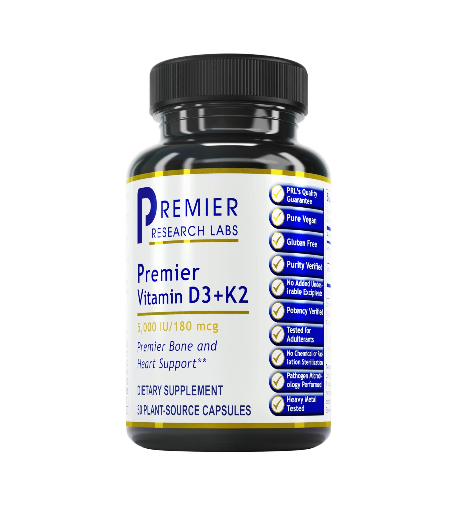 Premier Research Labs Vitamin D3+K2 - 30 Plant-Source Capsules for Bone & Heart Health - Vegan & Gluten-Free - Buy Online on GoSupps.com