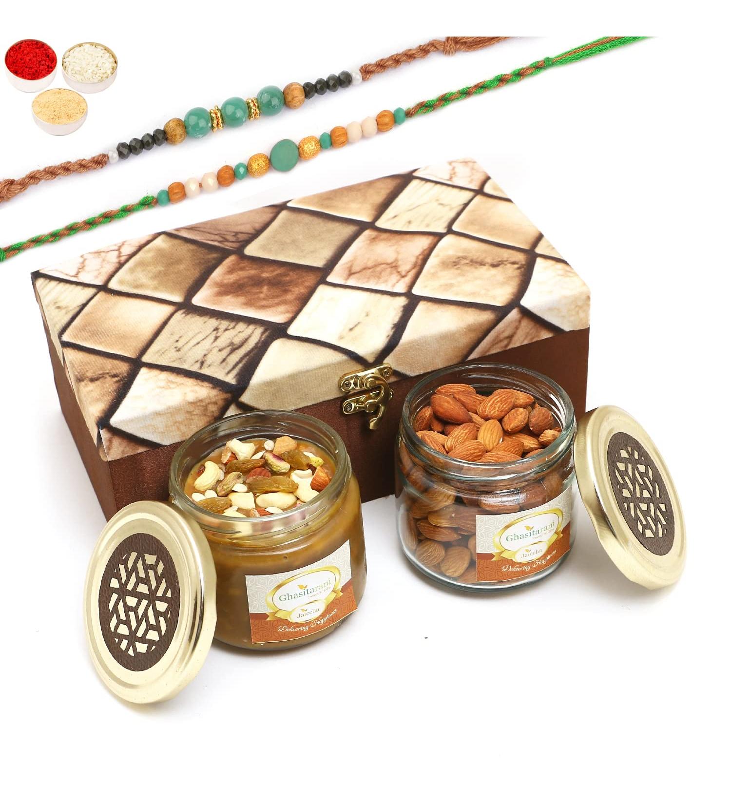 Ghasitaram Gifts Rakhi Gifts for Brothers Miracle Box of 2 Jars of Dryfruit Halwa and Almonds with 2 Green Beads Rakhis Box of 2 Jars of Dryfruit Halwa & Almonds 2 Rakhis - Buy Online on GoSupps.com