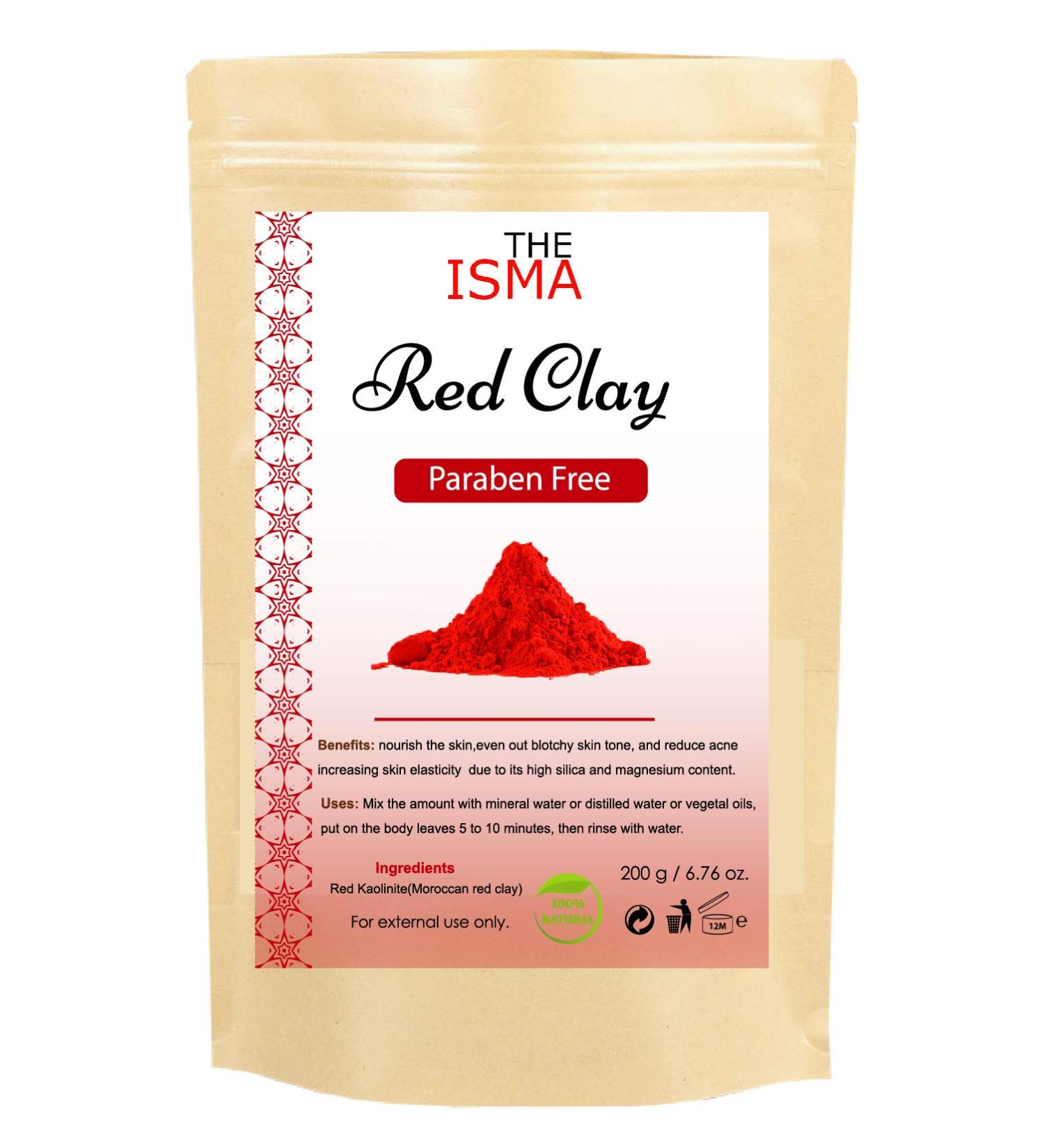  THE ISMA Ghassoul Moroccan Clay Powder Green Clay Red Clay and White Clay in Sizes 100g 200g for Facial and Hair Mask Cleansing (200g Red Clay) - Buy Online on GoSupps.com