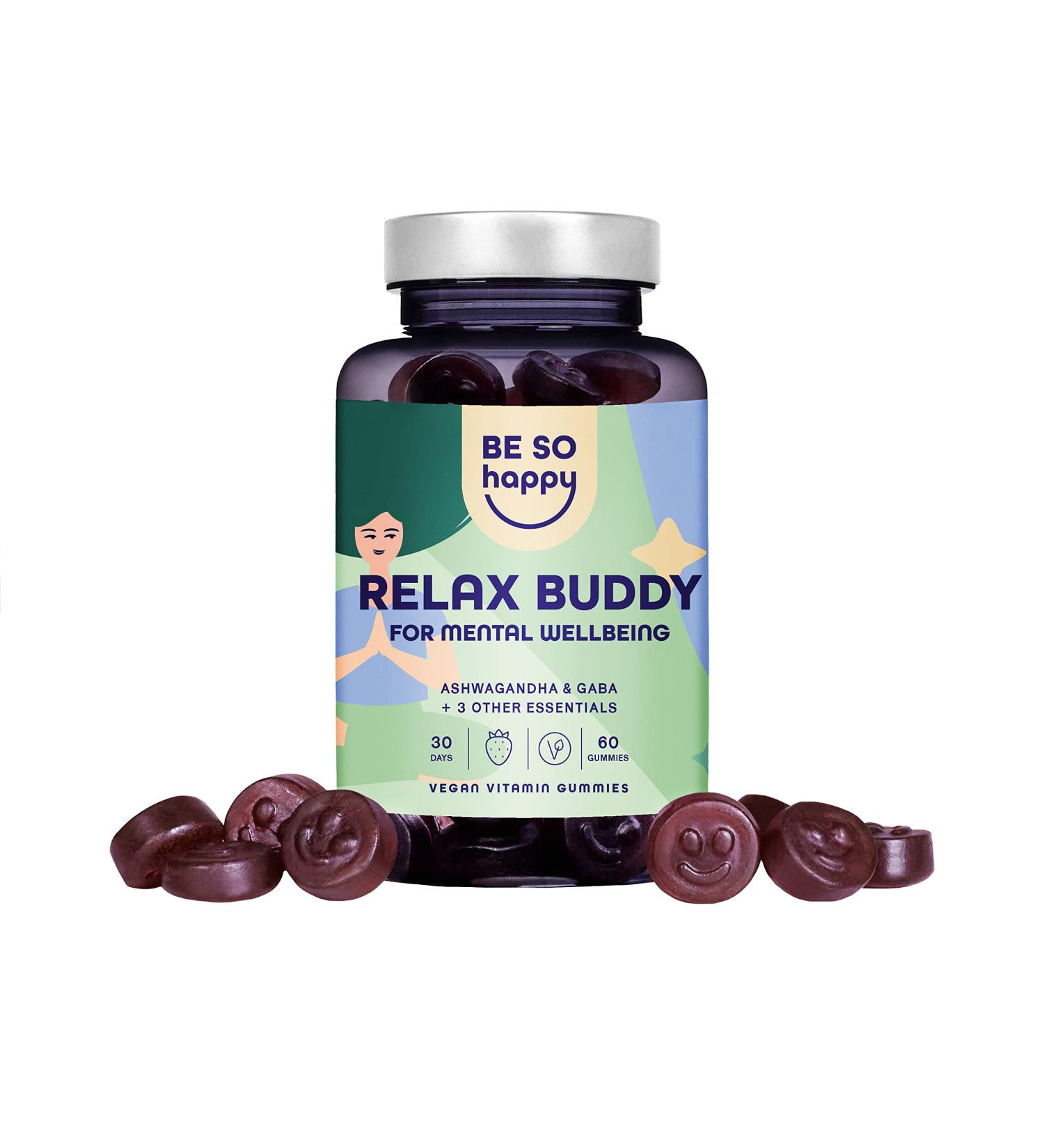 Buy Vegan Ashwagandha Gummy Bears 250mg - High-Dose Anti-Stress with GABA & Rhodiola - Strawberry Flavor - 60 Count | Be So Happy Relax Buddy - Buy Online on GoSupps.com