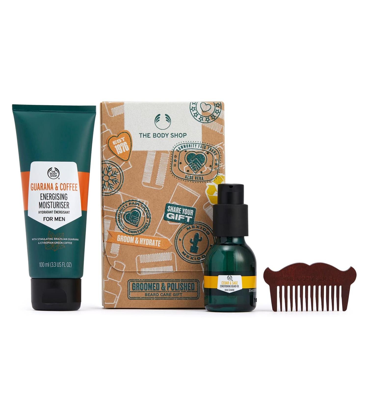 Shop The Body Shop Groomed & Polished Beard Care Gift Set - Vegan Cedar & Sage Oil Guaran & Coffee Moisturizer & Comb | International Shipping Available - Buy Online on GoSupps.com