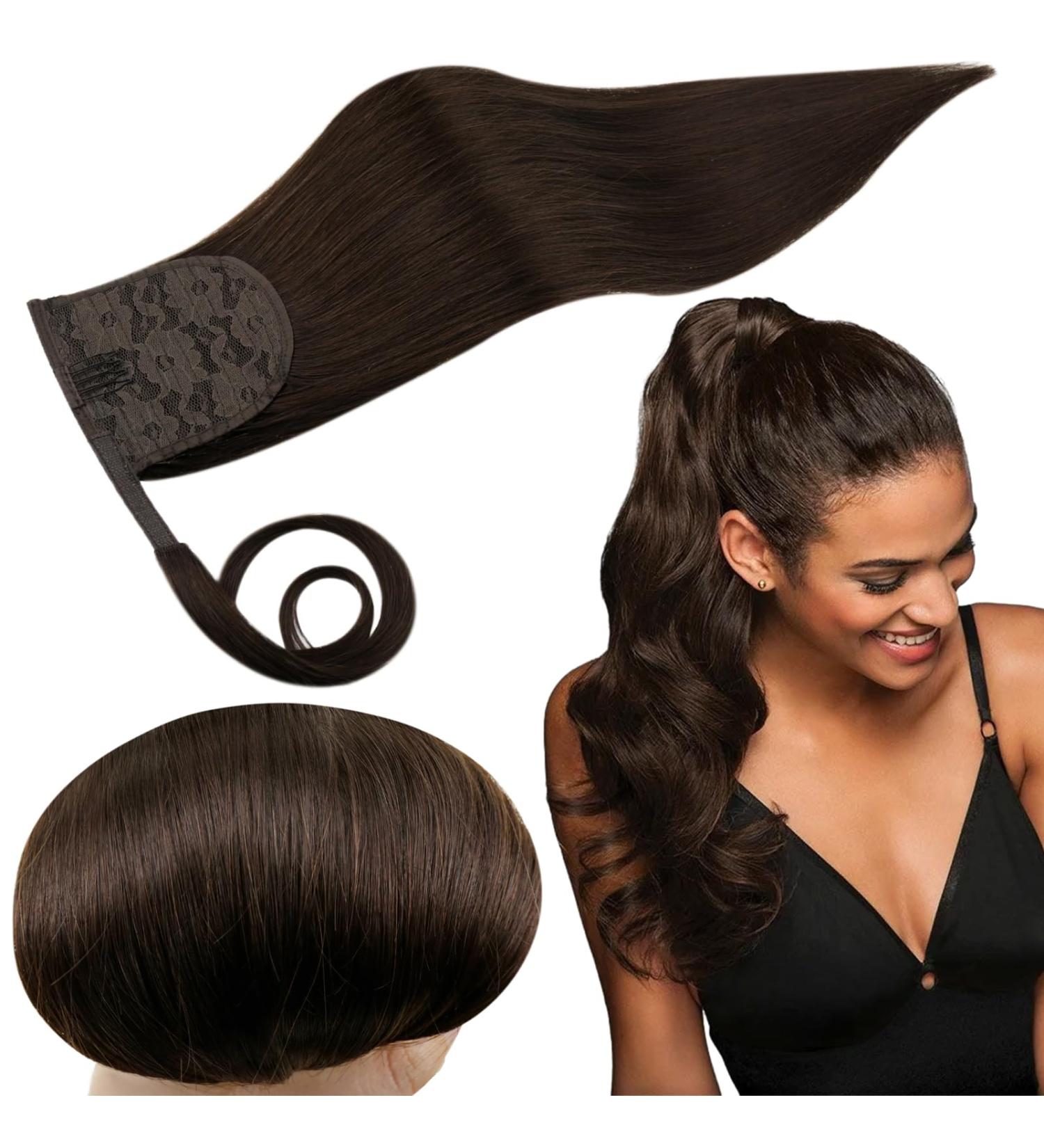 Runature 45cm Brown Real Hair Extensions - Smooth Remy Ponytail 80g Invisible Hair Braid Dark Brown Color #2 - Buy Online on GoSupps.com