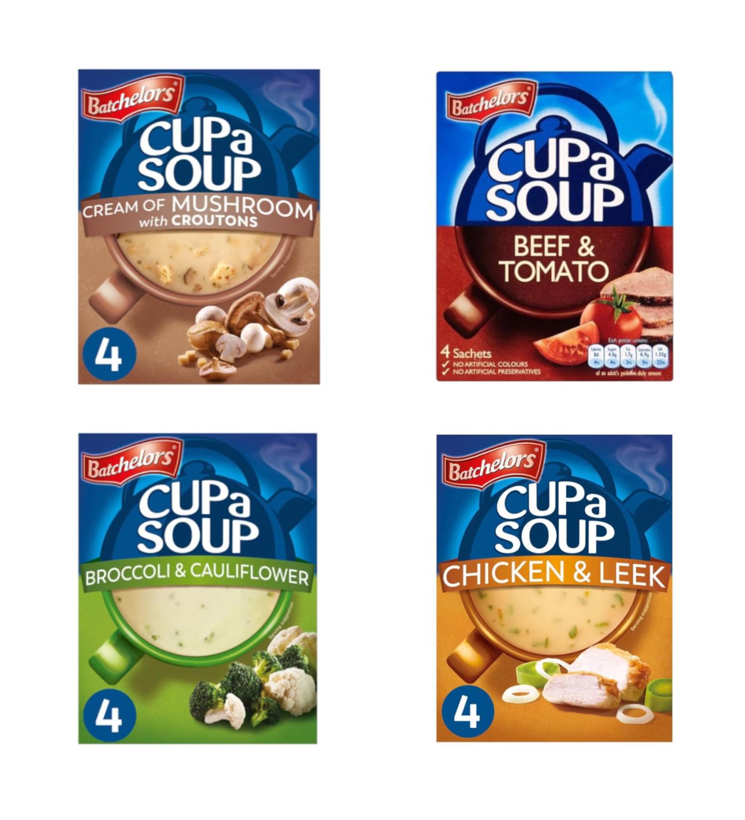 Cuppa Soup Variety Bundle - 4 Delicious Flavours - with Batchelors Cup a Soup Beef & Tomato Chicken & Leek Broccoli & Cauliflower and Mushroom - 16 Sachets in Total - Ready in Minutes - Buy Online on GoSupps.com