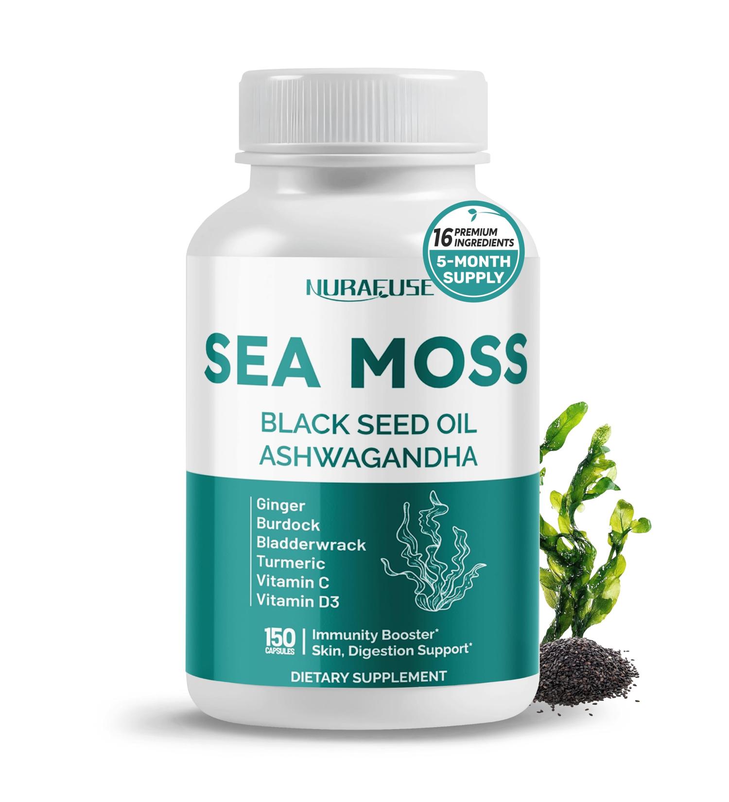 SEA Moss Black Seed Oil Ashwagandha Ginger 16-in-1 Formula - with Burdock Bladderwrack Turmeric Non-GMO Gluten-Free Soy-Free 150 count (pack of 1) - Buy Online on GoSupps.com