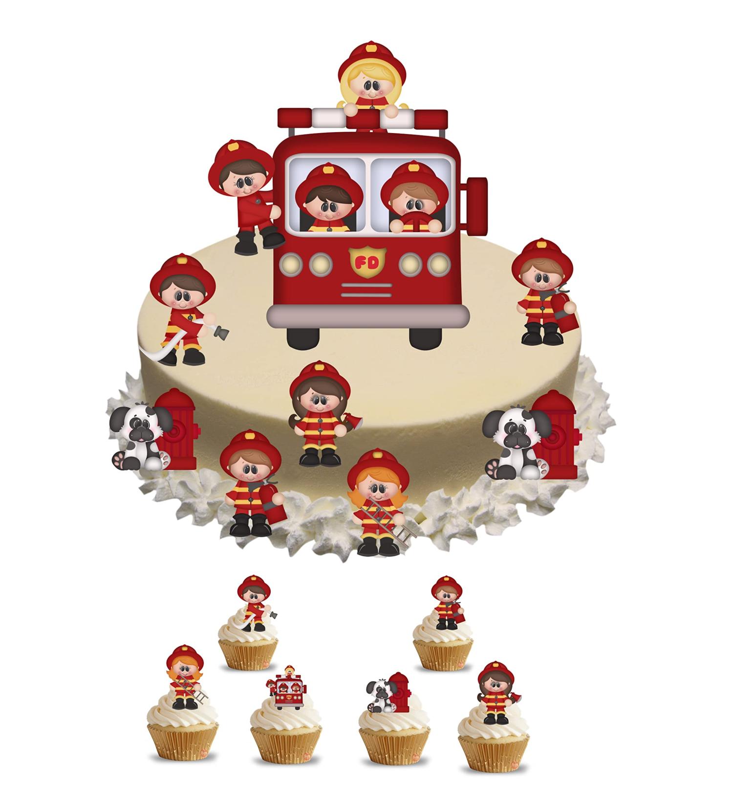 edible Fireman Firemen Fire Engine Stand Up Scene Made from Edible Wafer Card Perfect for Decorating Your birthday Cakes- childrens kids party Standing Cupcake Cake Toppers 25 pieces - Buy Online on GoSupps.com