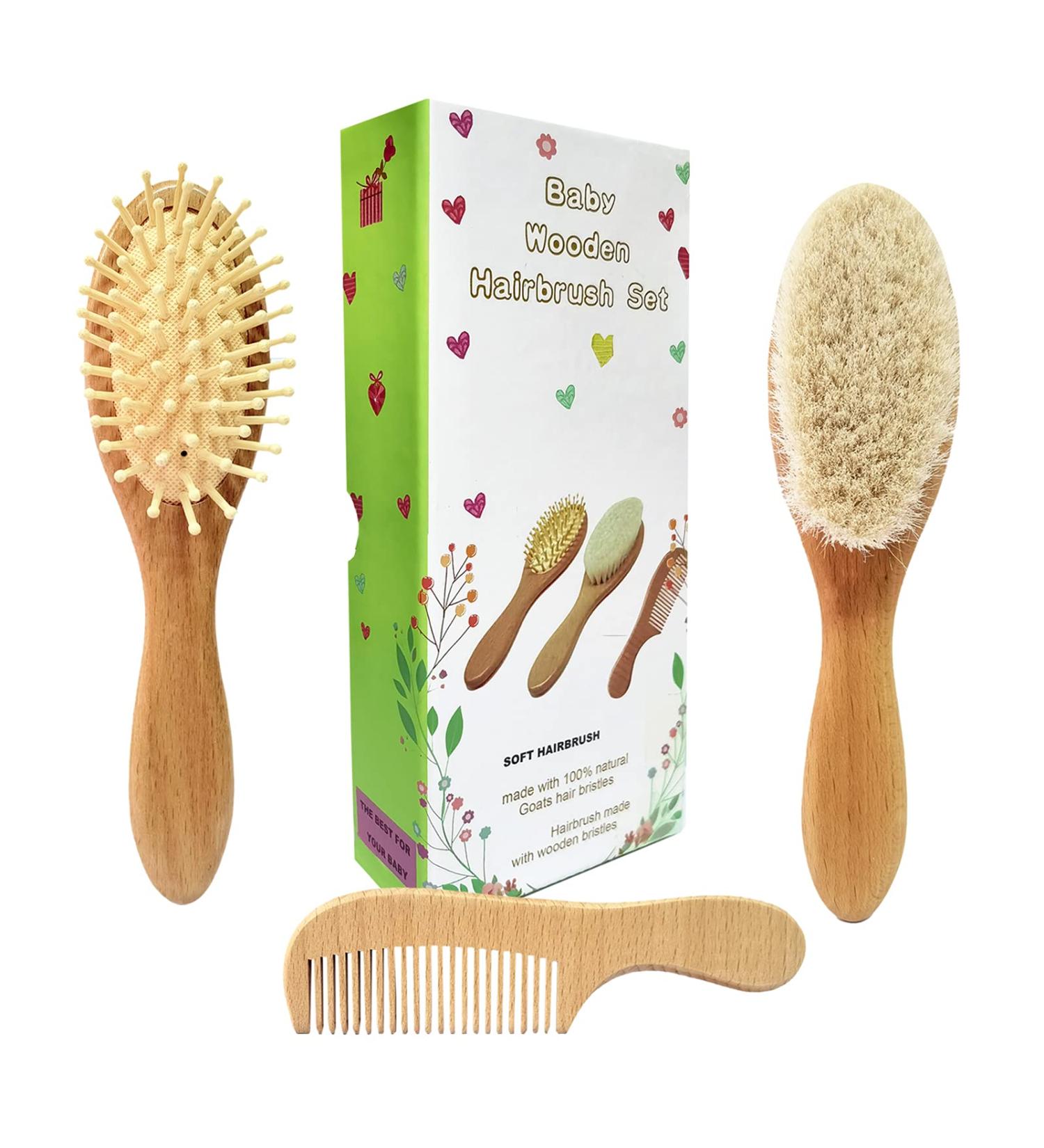 Molylove 3 Piece Baby Hair Brush and Comb Set for Newborn - Natural Wooden Hairbrush with Soft Goat Bristles - Gentle Scalp Grooming for Infant, Toddler, Kids - Buy Online on GoSupps.com