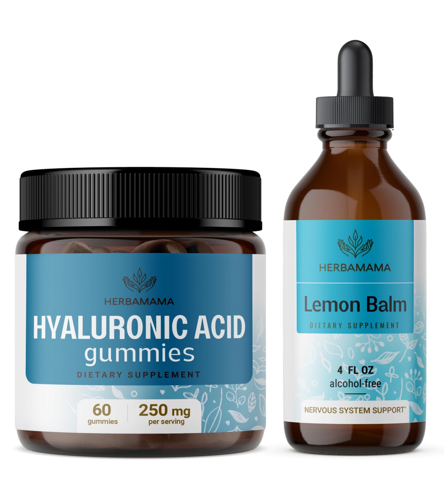 HERBAMAMA Hyaluronic Acid and Lemon Balm Kit - Bundle of 250 mg Hyaluronic Acid Gummies & Lemon Balm Leaf Extract 4 fl oz - Vegan Non-GMO Alcohol-Free - 2 Pack - Buy Online on GoSupps.com