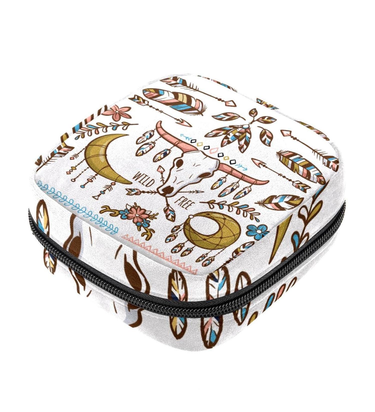 Boho Wild Animal Skull Head Feather Sanitary Napkin Storage Bag - Portable Menstrual Pad Holder for Women - Multicolored - Buy Online on GoSupps.com