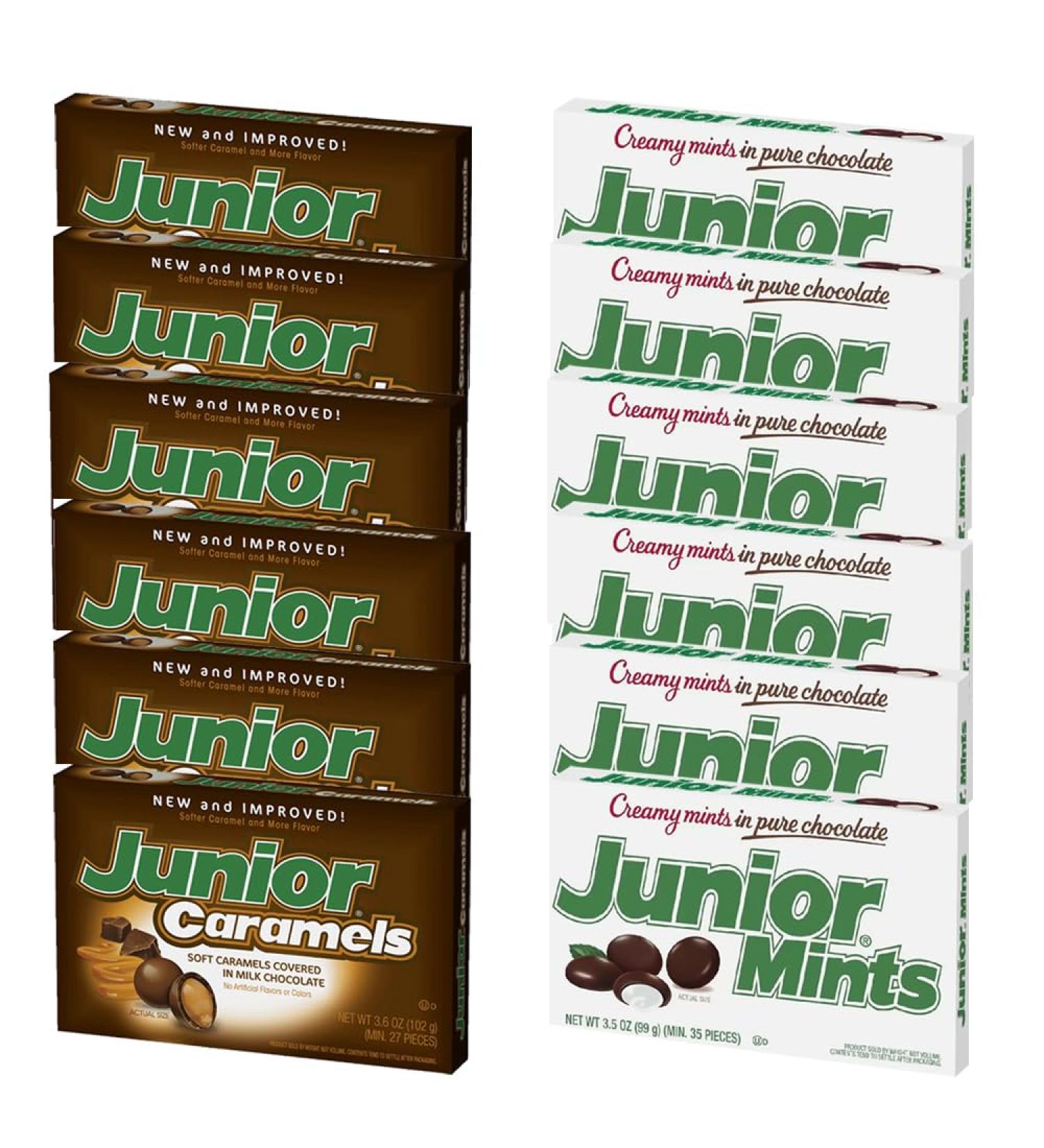 Junior Mints & Caramels Theatre Box Bundle - Chocolate Covered Mints 99g and Soft Milk Chocolate Caramels 102g (12)