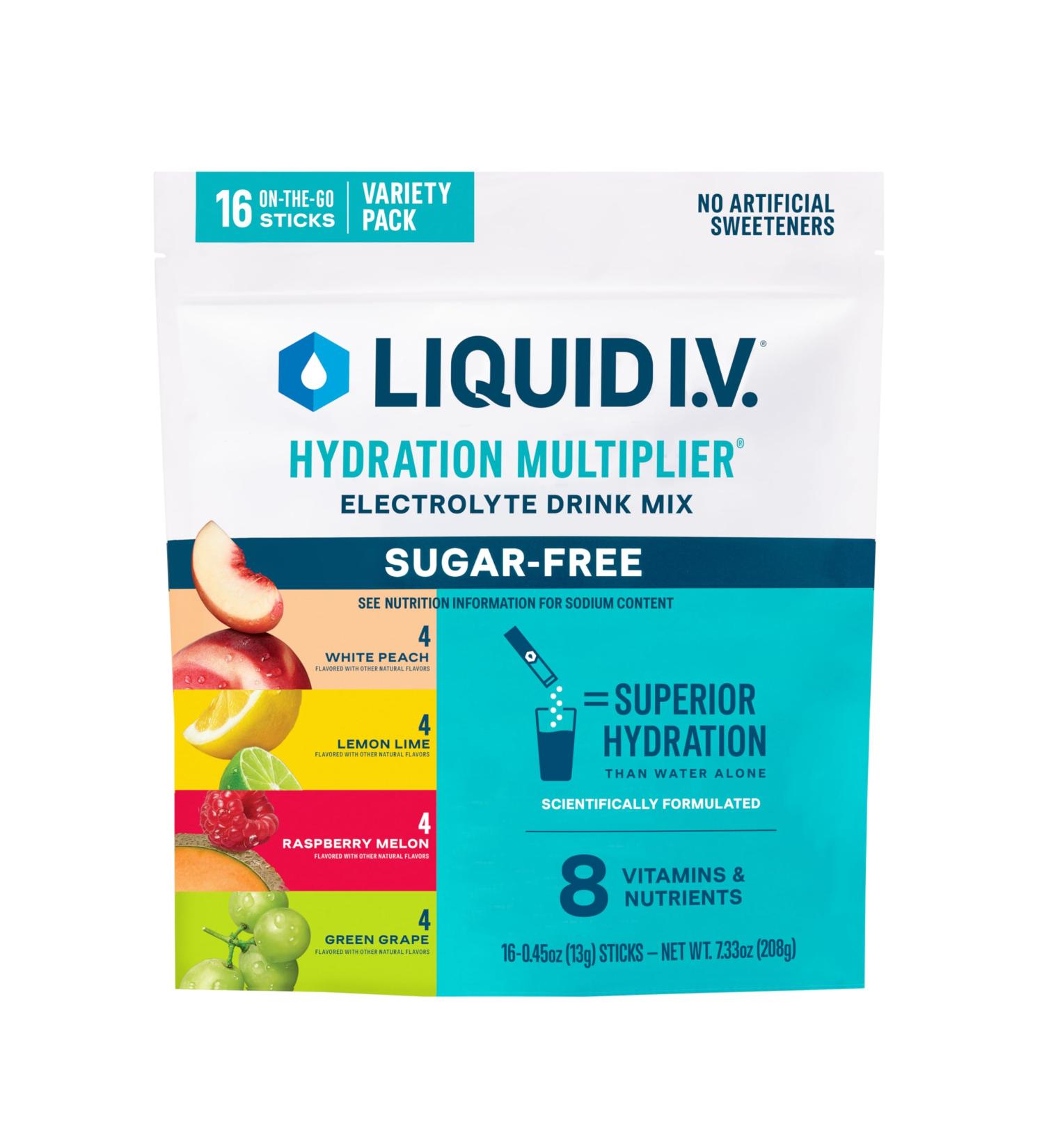 Liquid I.V. Hydration Multiplier Sugar-Free Variety Pack - Raspberry Melon Lemon Lime White Peach Green Grape (Variety Pack) - Buy Online on GoSupps.com
