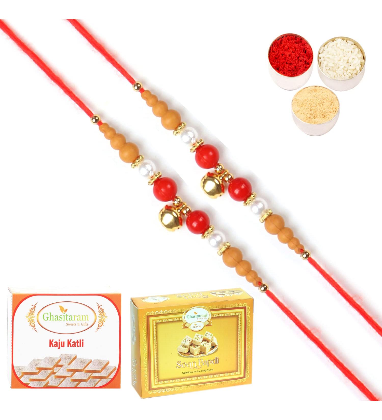 Ghasitaram Gifts Rakhis Online for Brother- Set of 2-6190 Rakhi Thread with 200 GMS of Kaju katli and 200 GMS of Soan Papdi 2 Rakhis with 200 gms of Kaju katli and Soan Papdi - Buy Online on GoSupps.com