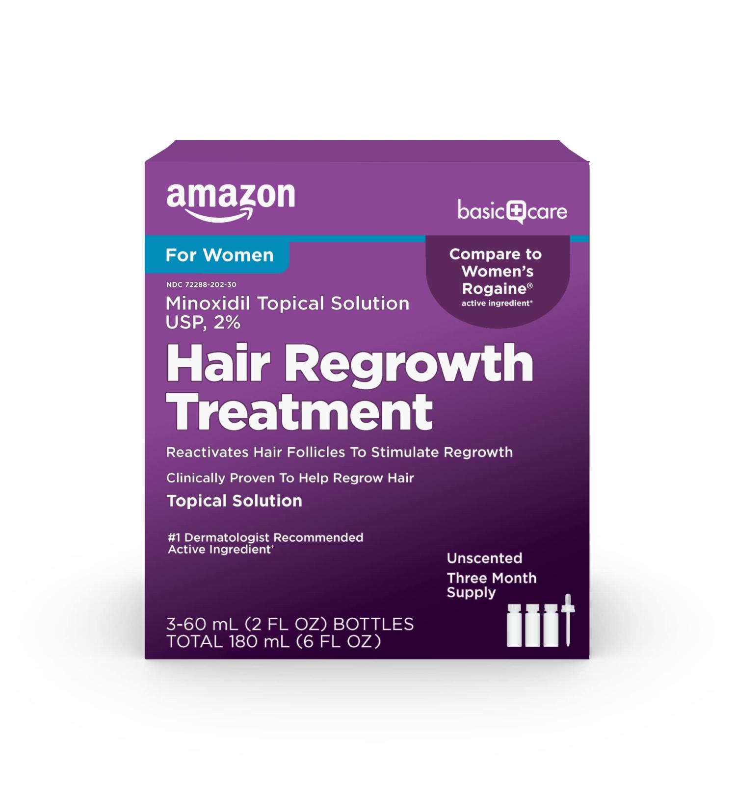 Amazon Basic Care Minoxidil 2% Topical Solution for Women - Hair Regrowth Treatment, 3 Count - Buy Online on GoSupps.com