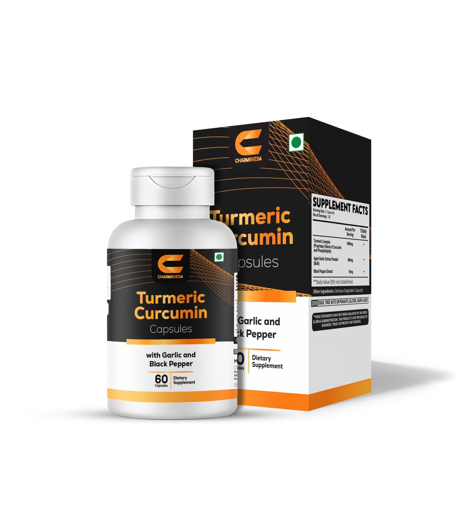 CHARMSVEDA Turmeric Curcumin Capsules with Garlic & Black Pepper Support Joint & Muscle Health* 60 Vegan Capsules - Buy Online on GoSupps.com