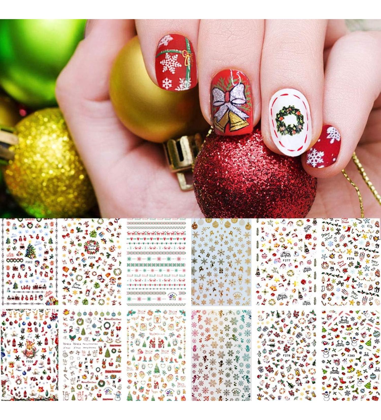 12 Sheets Christmas Nail Art Stickers Kalolary 3D Self-Adhesive Nail Stickers Decals Nail Art Tips Stencil for Women Girls Nail Art Design - Buy Online on GoSupps.com