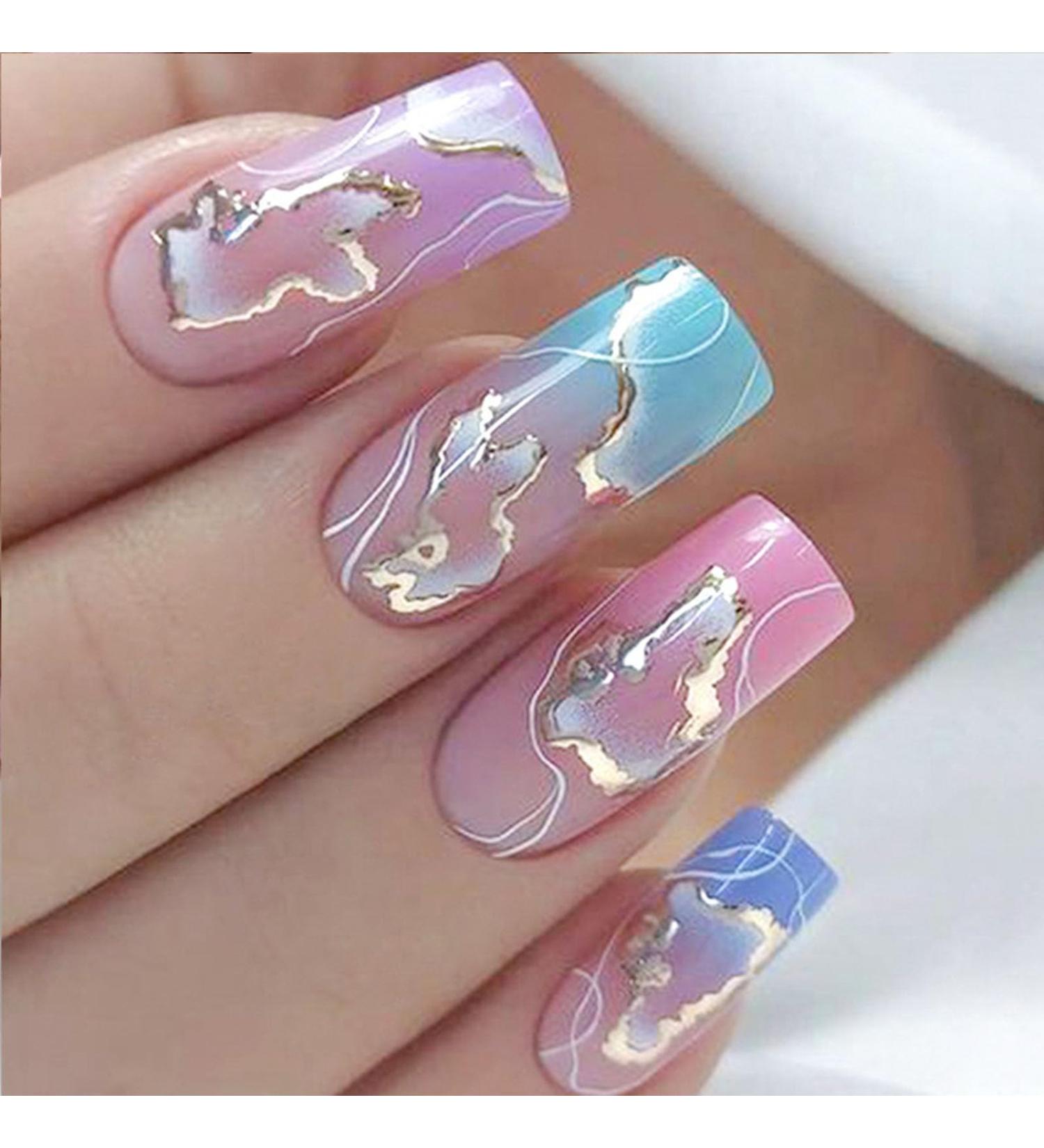 Buy Colorful Cloud Design Medium Square Press On Nails - 24 Pcs Glossy Acrylic Full Cover for Women | International Shipping Available - Buy Online on GoSupps.com