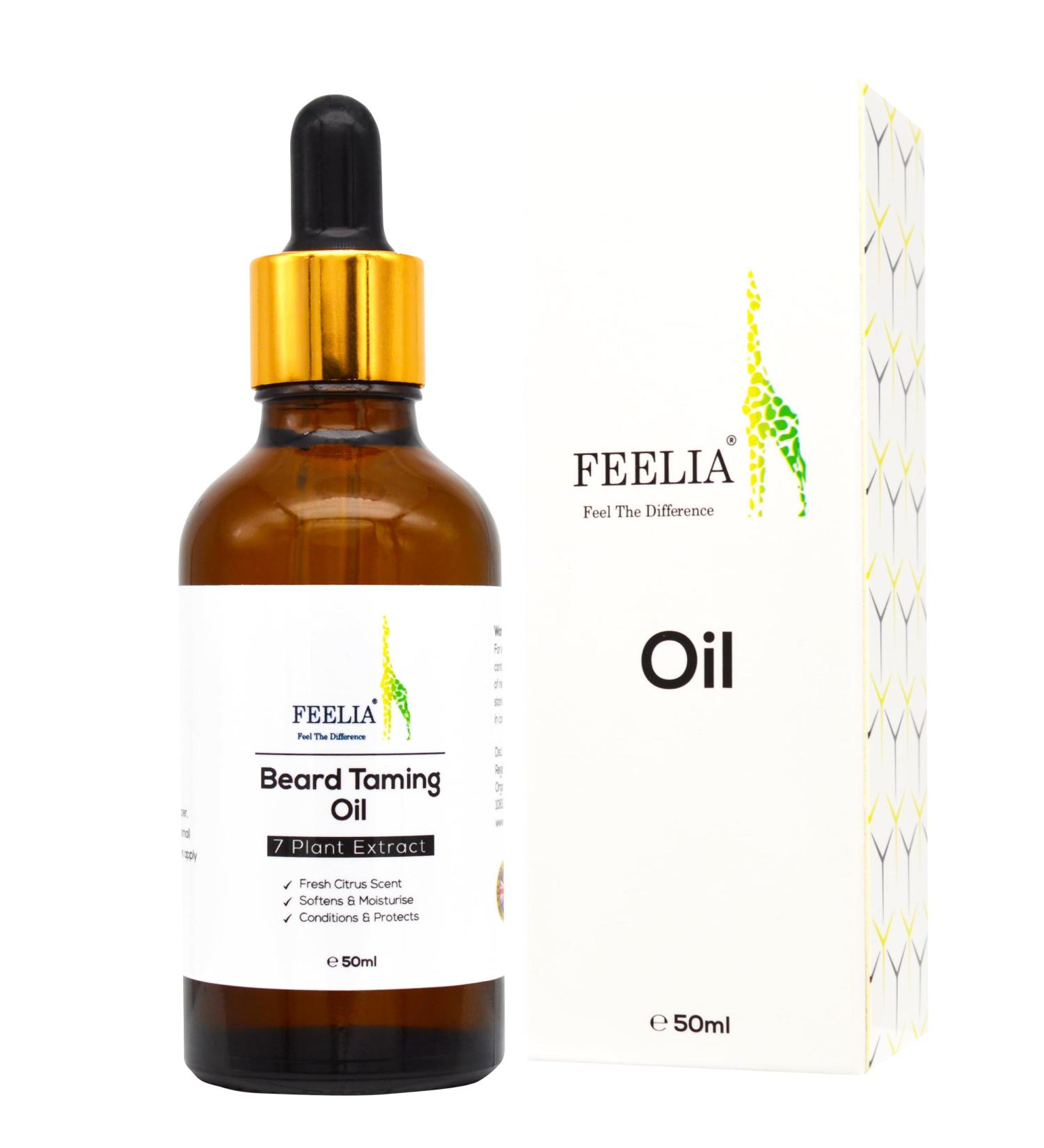 Feelia Huile pour dompter la barbe avec argan jojoba p pins de raisin avocat parfum d'agrumes frais pour une croissance saine de la barbe adoucit et hydrate 7 extraits de plantes 50 ml
