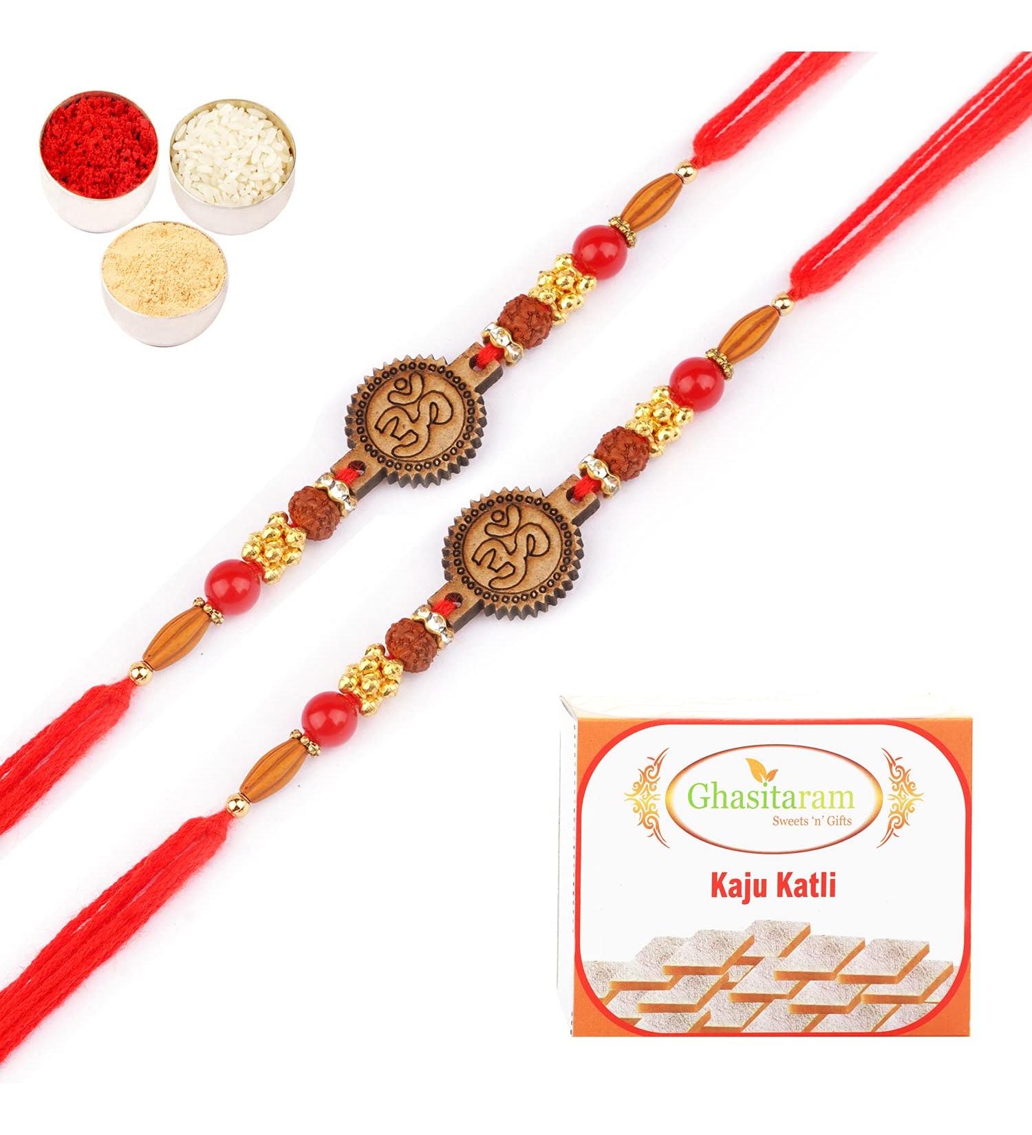 Ghasitaram Gifts Rakhi for Brother Rakhis Online - Set of 2-2035 Rakhi Thread with 400 GMS of Kaju katli Set of 2 Rakhis with 400 gms of Kaju katli - Buy Online on GoSupps.com