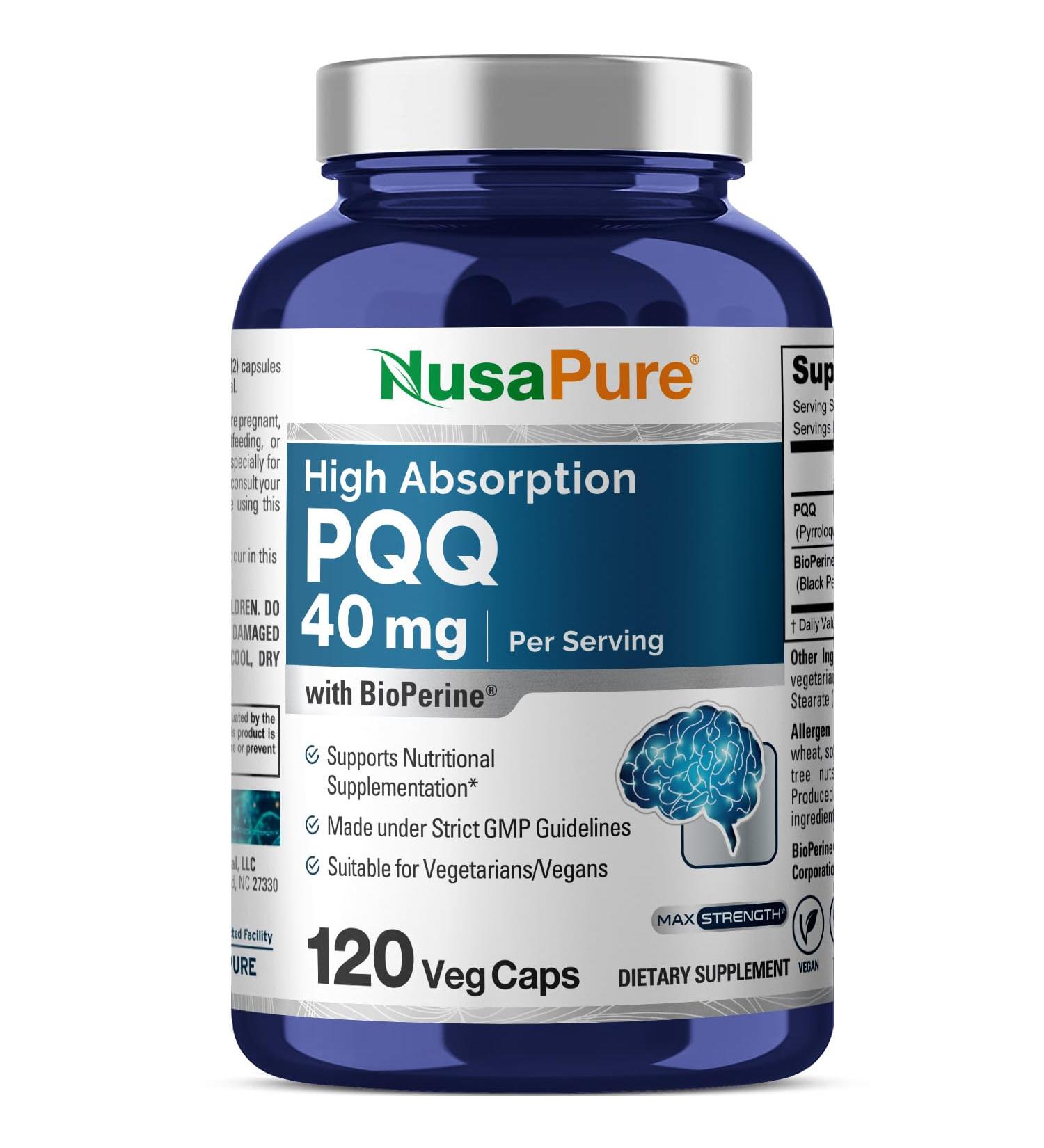 NusaPure PQQ Supplement 40 mg 120 Veggie Capsules Non-GMO Pyrroloquinoline Quinone Disodium Salt Bioperine 120 Count (Pack of 1) - Buy Online on GoSupps.com