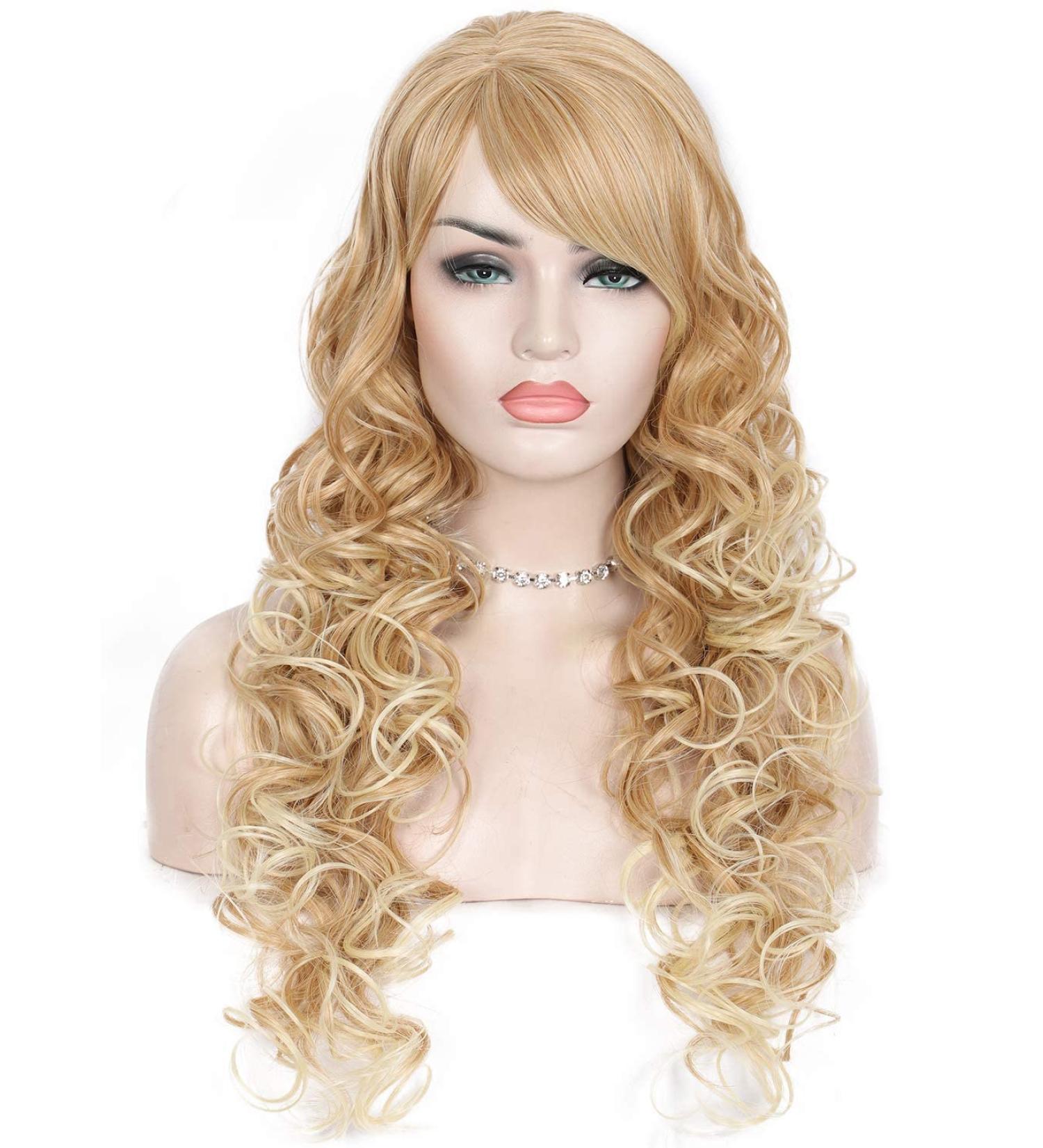 Kalyss 26 Long Curly Blonde Wig with Bangs - Heat Resistant Synthetic Hair for Women - Buy Online on GoSupps.com