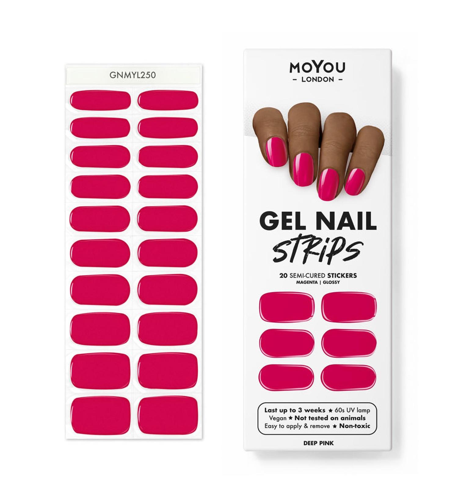 MOYOU LONDON Semi Cured Gel Nail Strips 20 Pc. Gel Wraps for Nails Get 1 Free UV Lamp when you Get 3 or More Easy Apply & Remove for Salon-Quality Manicure -Deep Pink