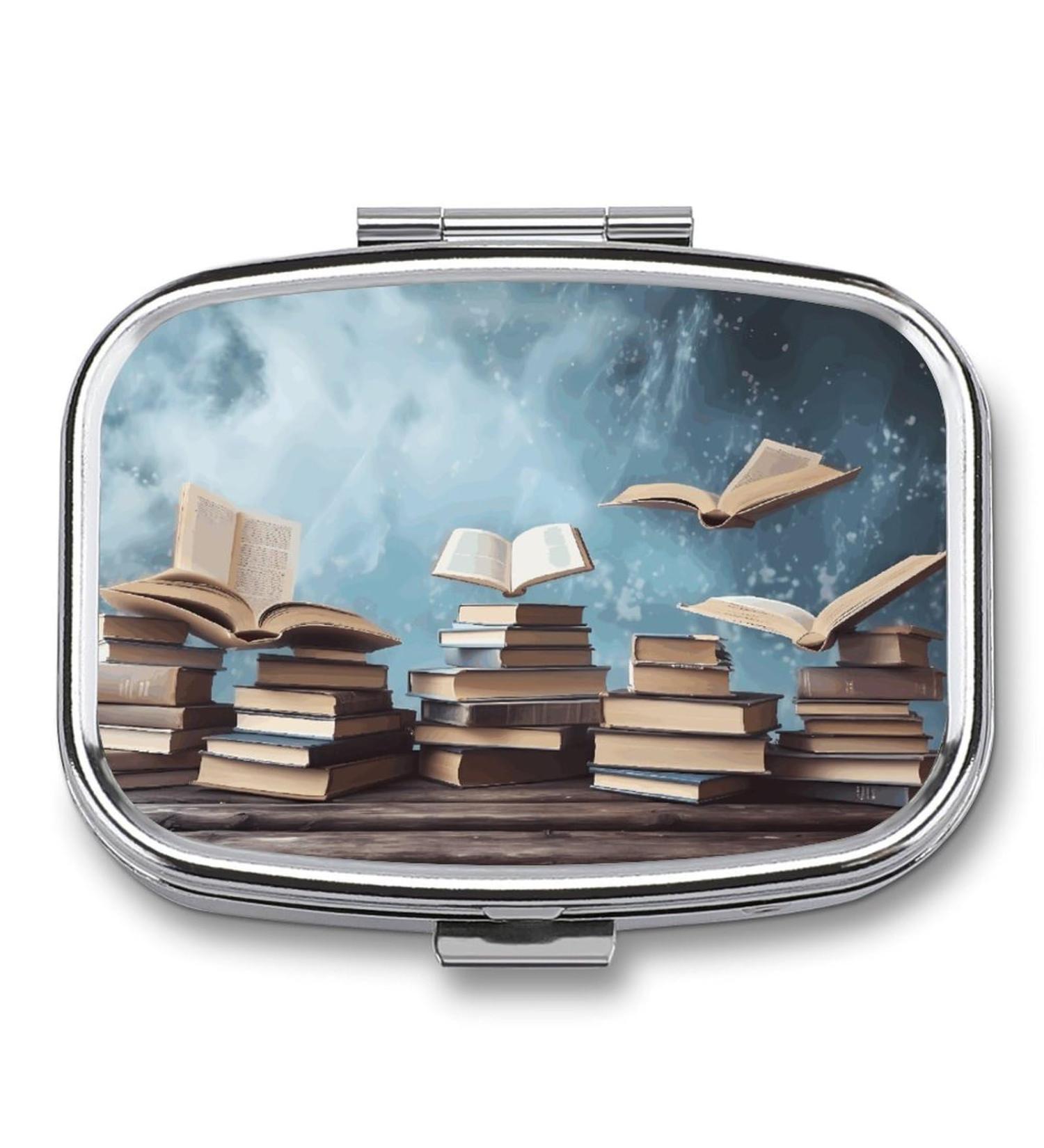 Stylish Pill Box Books in The Sky Print - 2 Compartment Medicine Organizer & Portable Metal Pill Case for Pocket or Purse - Buy Online on GoSupps.com